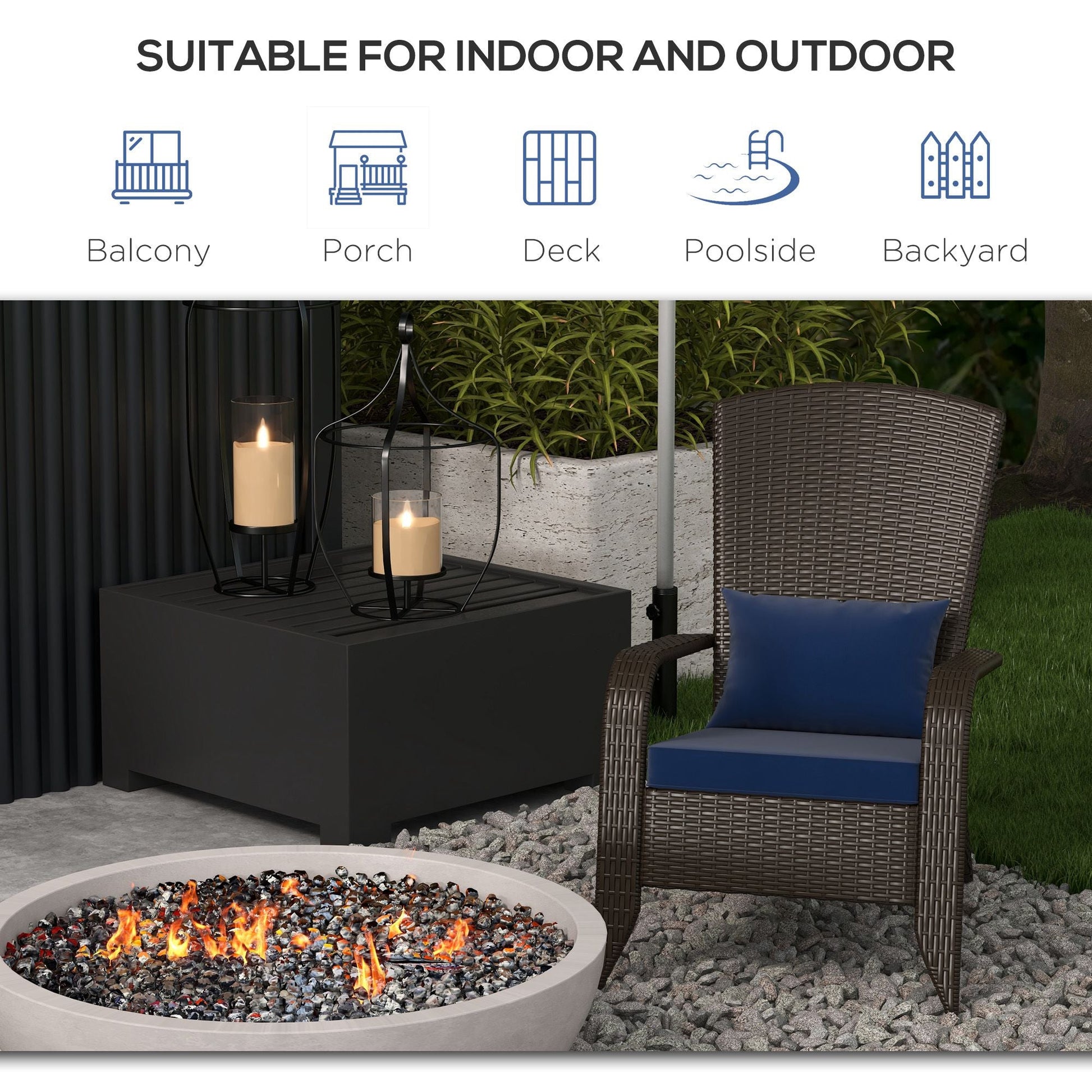 Patio Wicker Adirondack Chair, PE Rattan Outdoor Muskoka Chair, Fire Pit Chair with Cushions for Patio, Garden, Backyard, Poolside, Balcony, Deck, Dark Blue