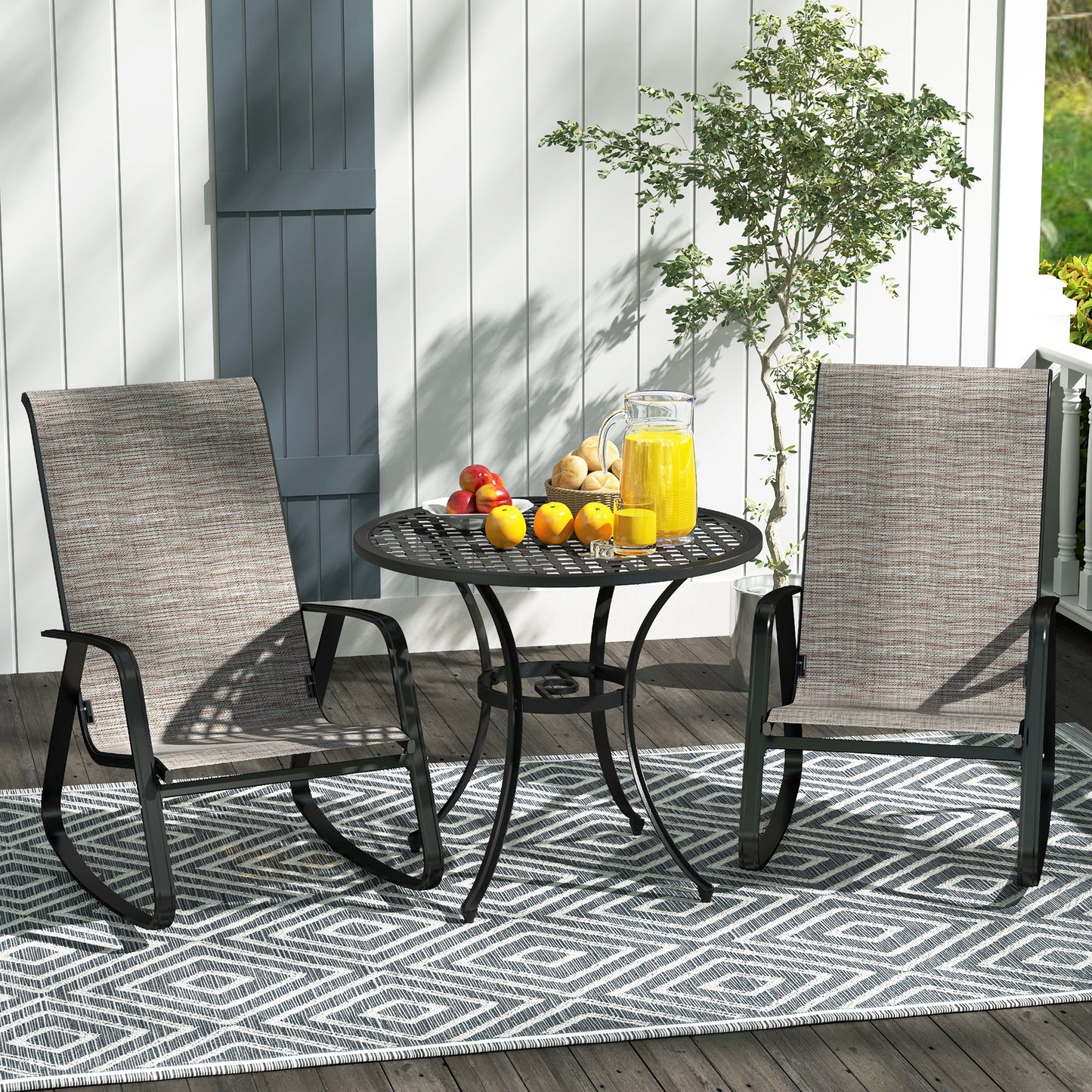 Outdoor Rocking Chairs Set of 2, Patio Rocking Chairs with Breathable Seat, Ergonomic Steel Frame Rocker with High Backrest, Armrests for Backyard, Garden, Light Brown