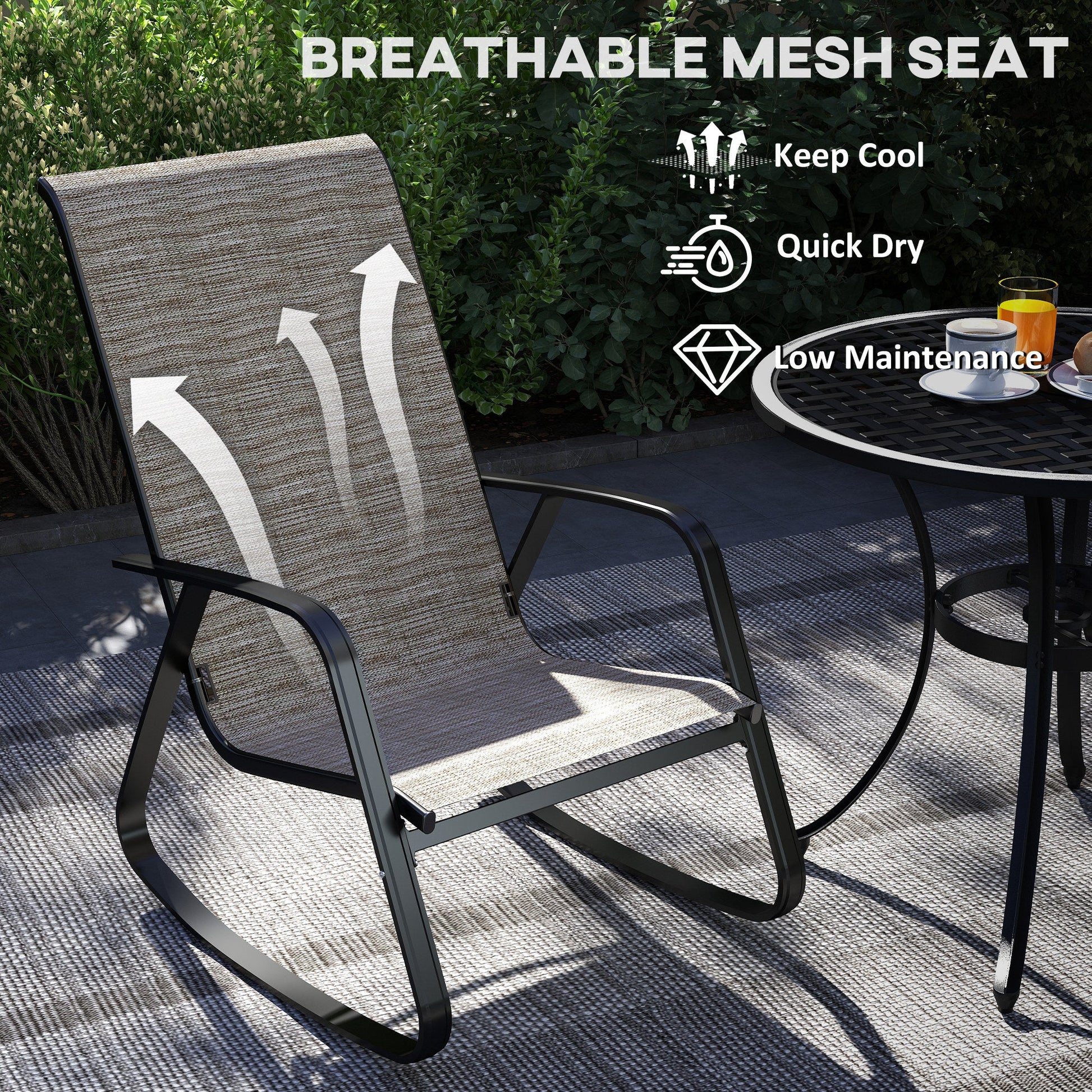 Outdoor Rocking Chairs Set of 2, Patio Rocking Chairs with Breathable Seat, Ergonomic Steel Frame Rocker with High Backrest, Armrests for Backyard, Garden, Light Brown