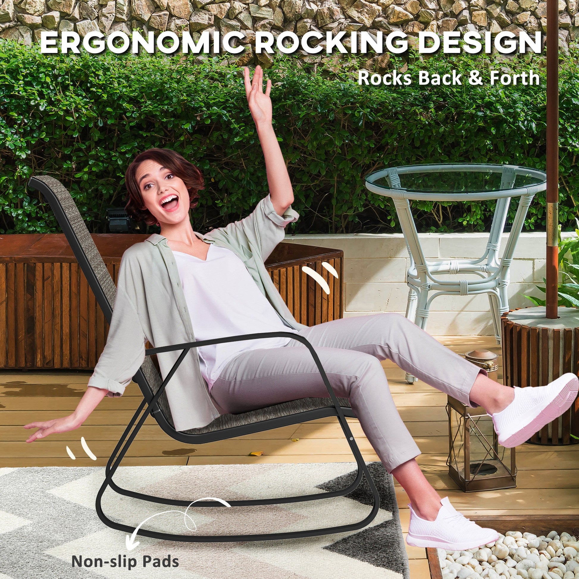 Outdoor Rocking Chairs Set of 2, Patio Rocking Chairs with Breathable Seat, Ergonomic Steel Frame Rocker with High Backrest, Armrests for Backyard, Garden, Light Brown