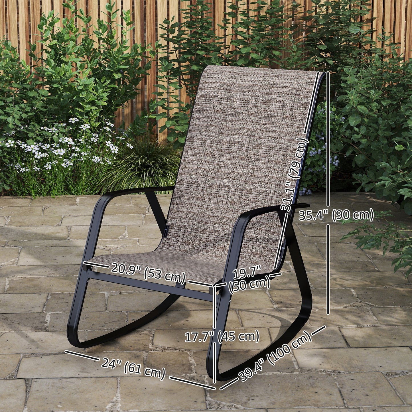 Outdoor Rocking Chairs Set of 2, Patio Rocking Chairs with Breathable Seat, Ergonomic Steel Frame Rocker with High Backrest, Armrests for Backyard, Garden, Light Brown