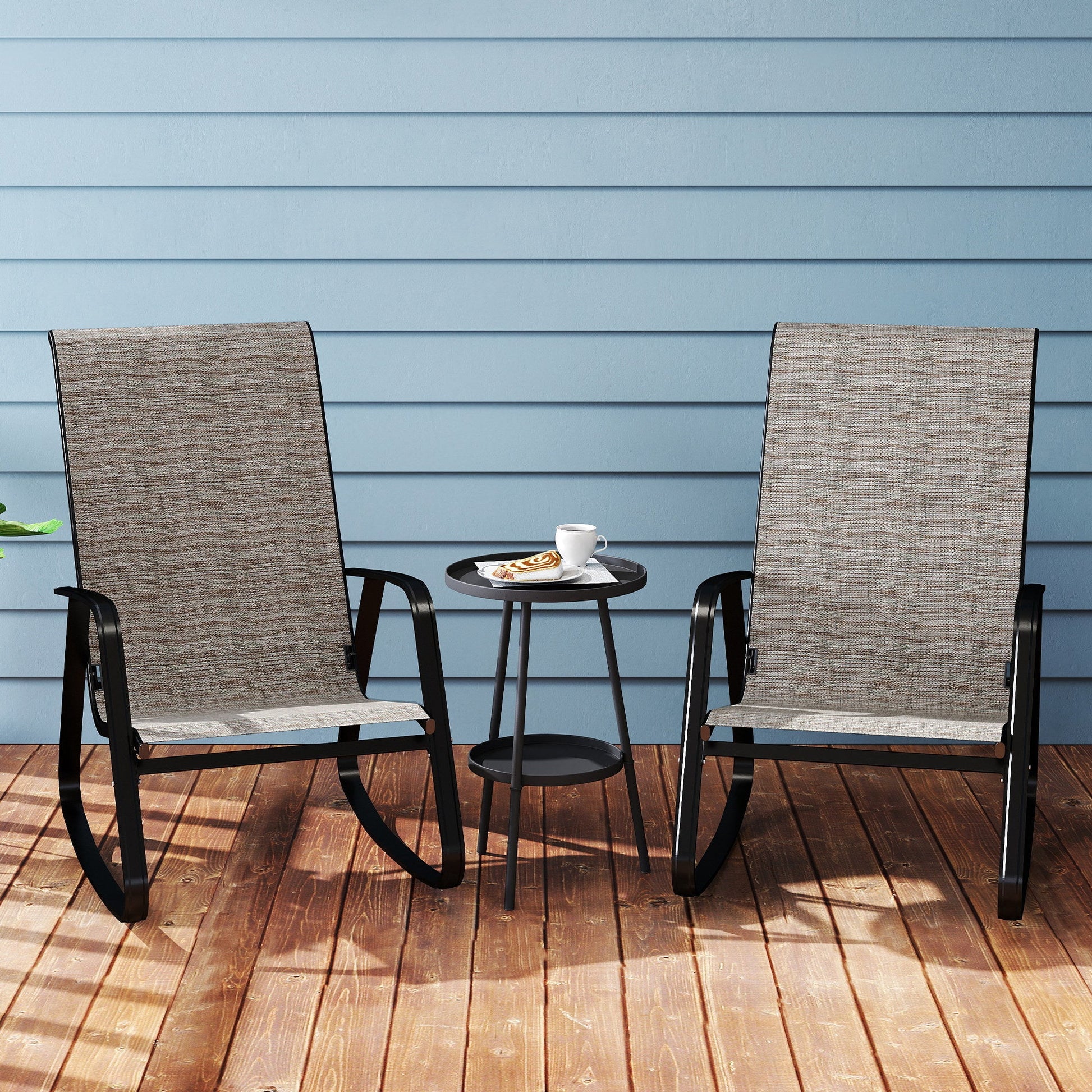 Outdoor Rocking Chairs Set of 2, Patio Rocking Chairs with Breathable Seat, Ergonomic Steel Frame Rocker with High Backrest, Armrests for Backyard, Garden, Light Brown
