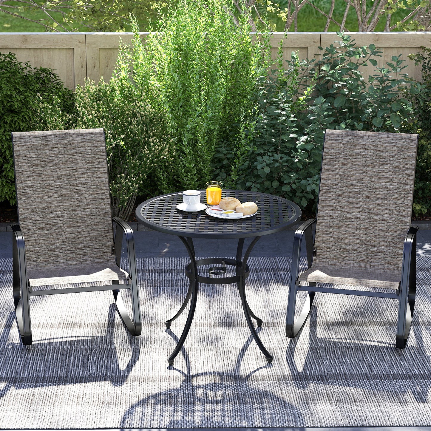 Outdoor Rocking Chairs Set of 2, Patio Rocking Chairs with Breathable Seat, Ergonomic Steel Frame Rocker with High Backrest, Armrests for Backyard, Garden, Light Brown