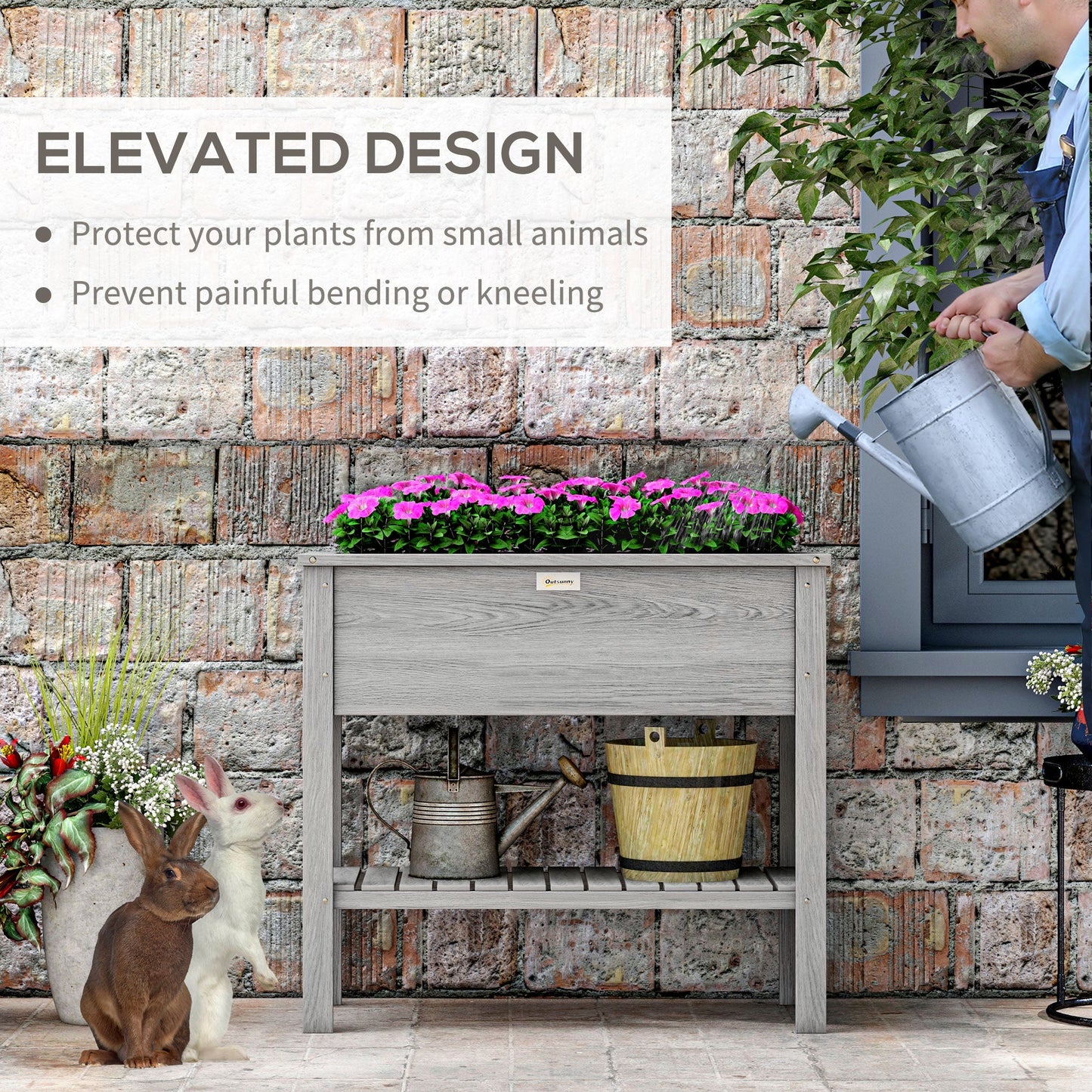 Wooden Raised Garden Bed Standing Elevated Planter Box with Storage Shelf for Flowers, Vegetables, and Herbs, 36" x 16" x 32", Grey
