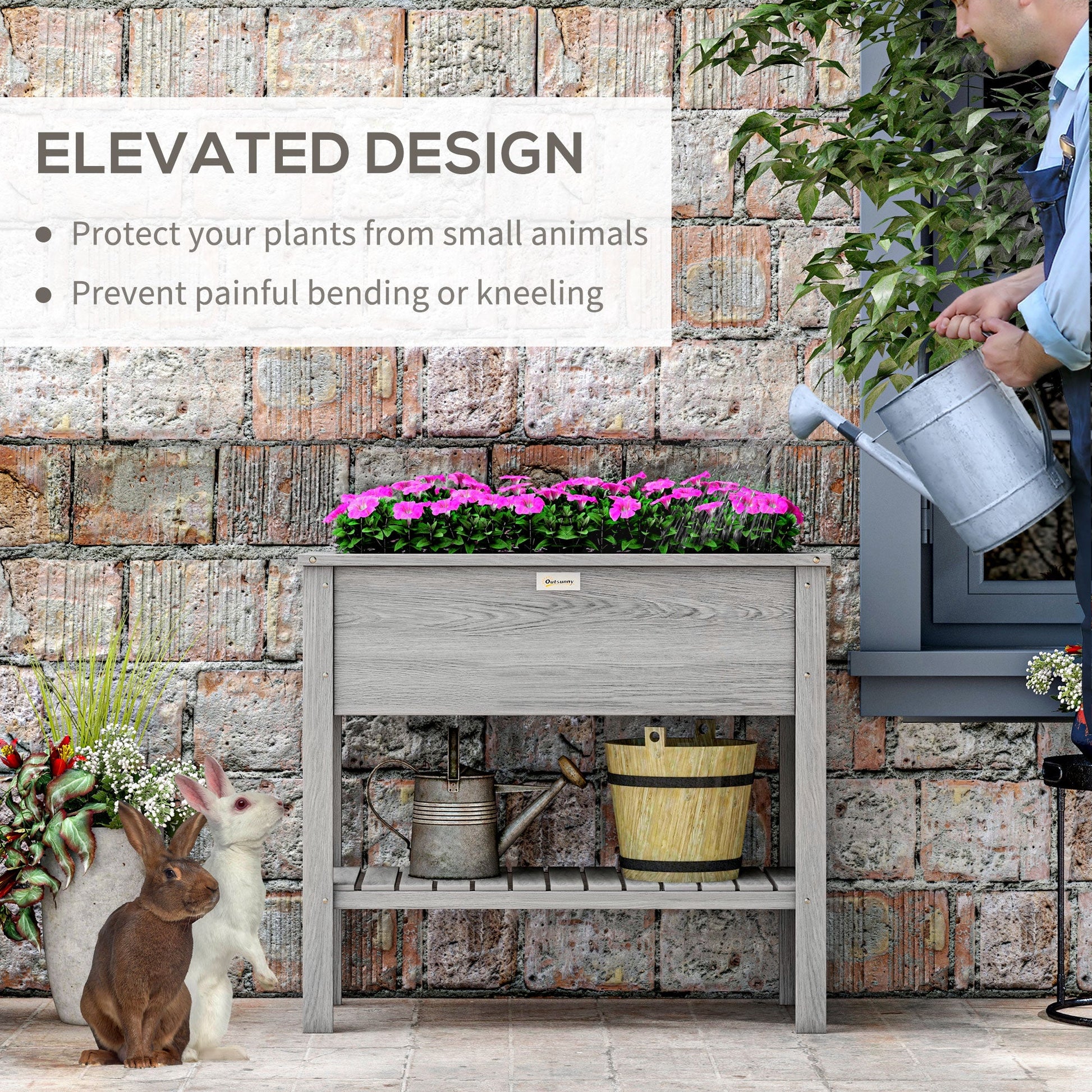 Wooden Raised Garden Bed Standing Elevated Planter Box with Storage Shelf for Flowers, Vegetables, and Herbs, 36" x 16" x 32", Grey