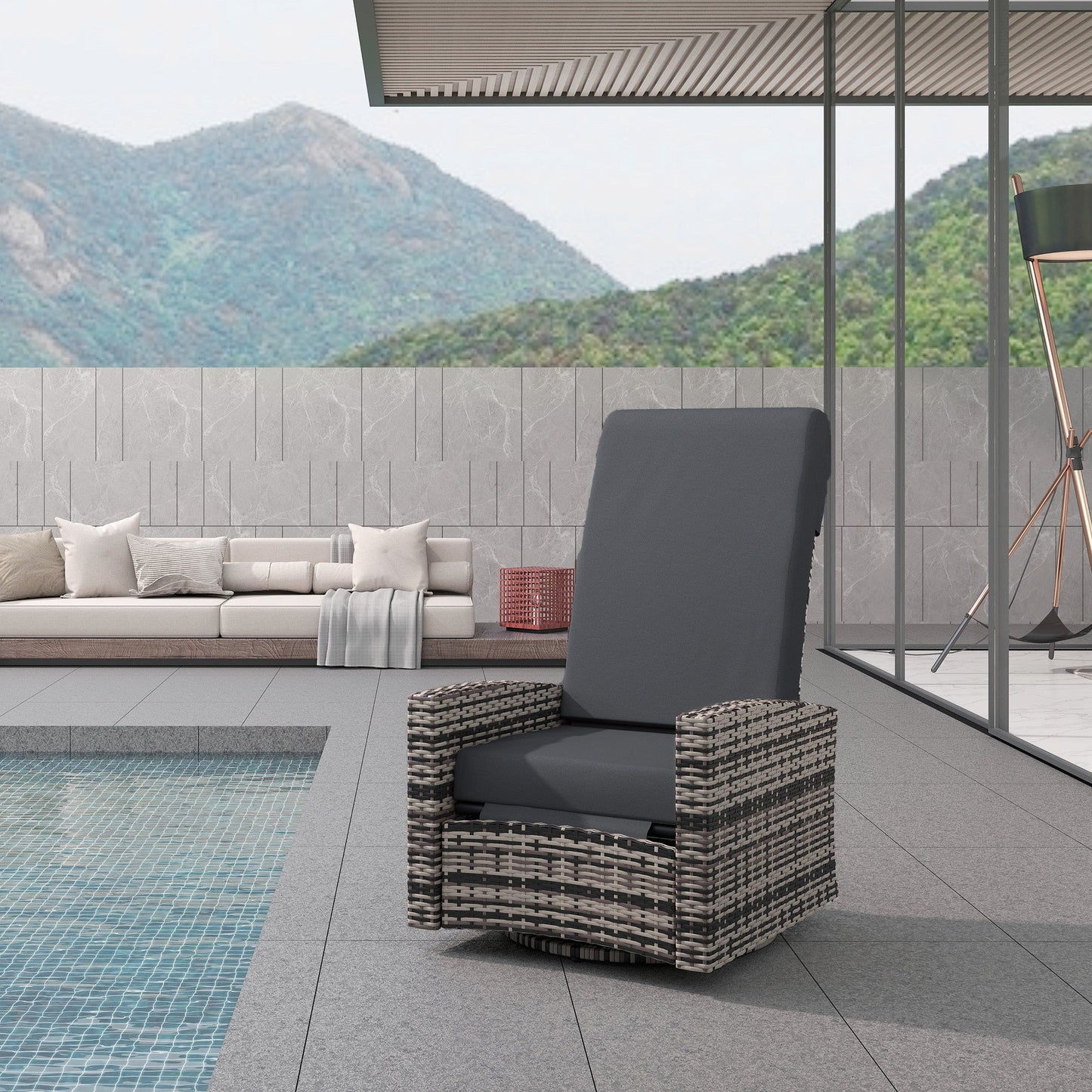 PE Rattan Outdoor Swivel Chair with 360° Swivel, Wicker Patio Chair with Footrest, Soft Cushion and Armrest for Patio, Garden, Backyard, Grey
