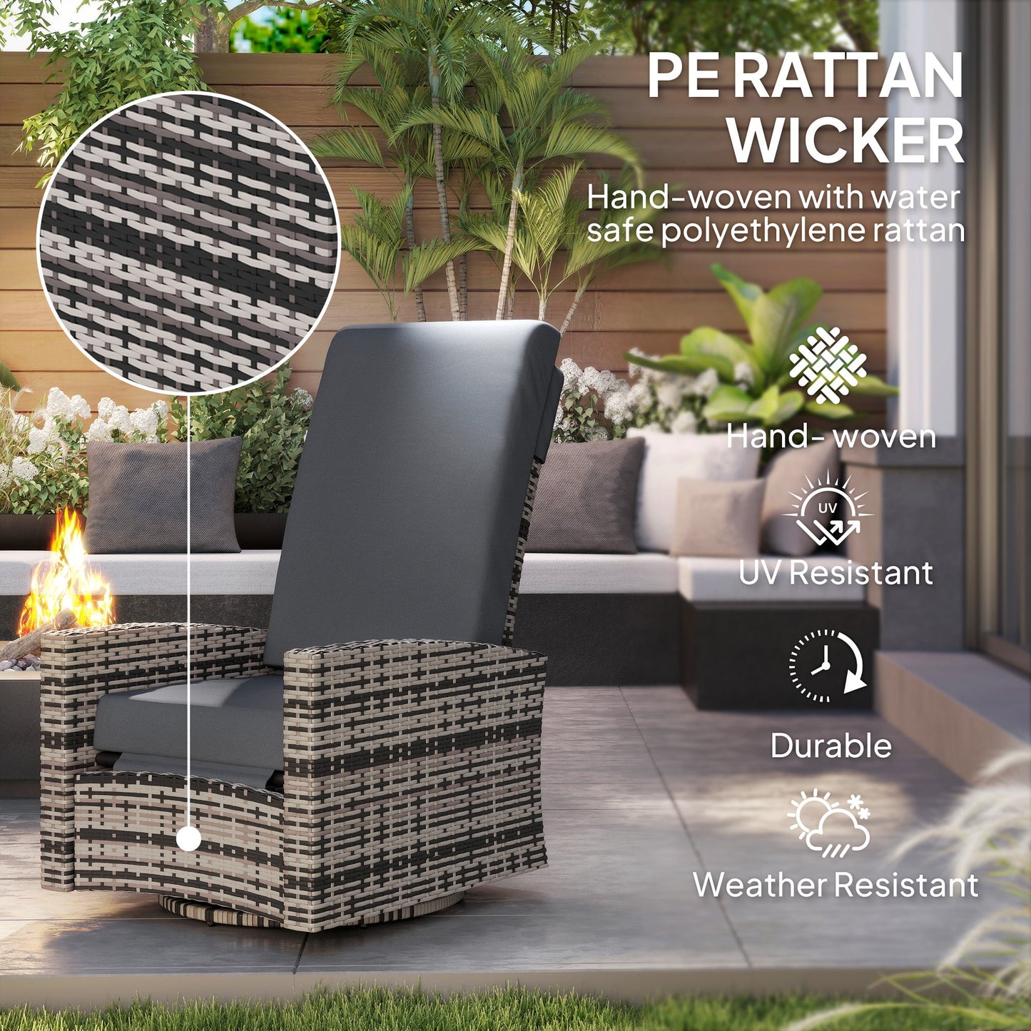 PE Rattan Outdoor Swivel Chair with 360° Swivel, Wicker Patio Chair with Footrest, Soft Cushion and Armrest for Patio, Garden, Backyard, Grey