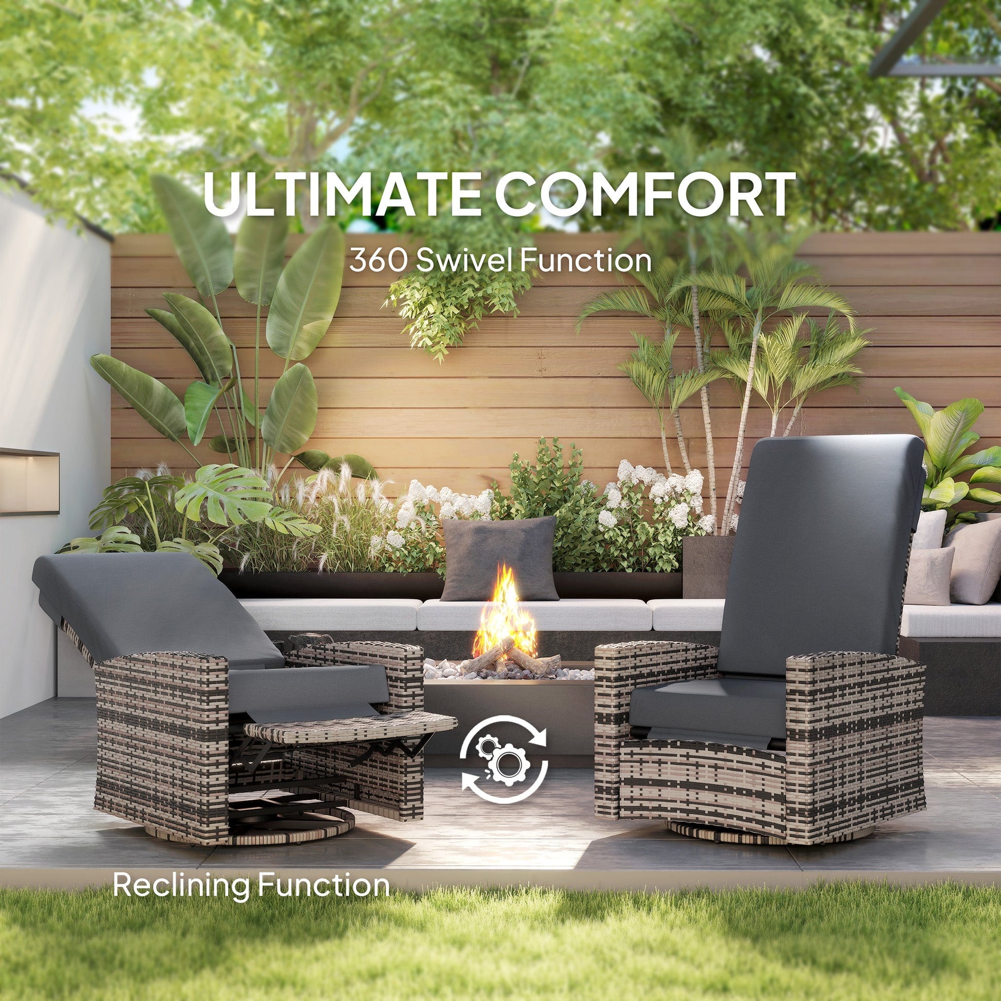 PE Rattan Outdoor Swivel Chair with 360° Swivel, Wicker Patio Chair with Footrest, Soft Cushion and Armrest for Patio, Garden, Backyard, Grey