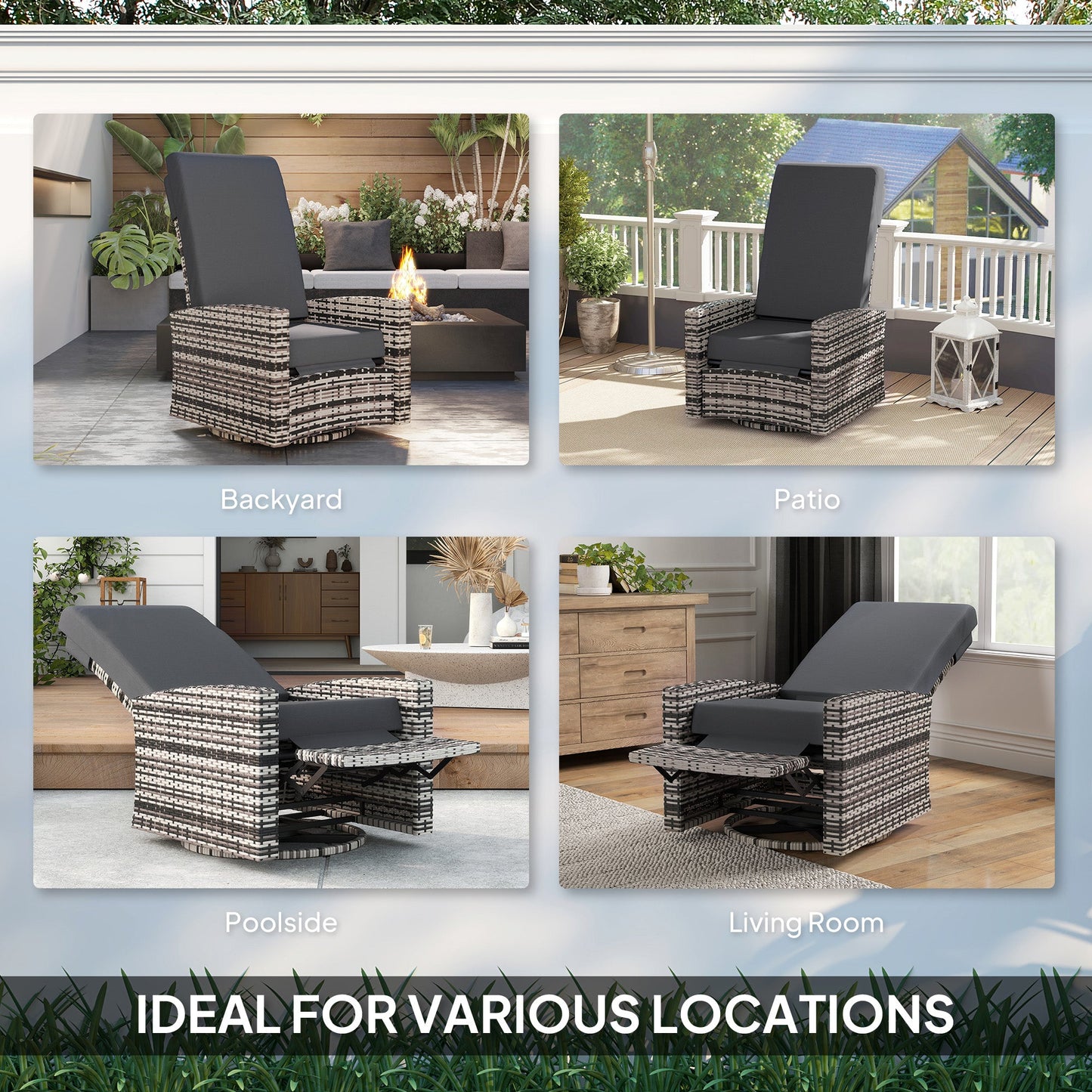 PE Rattan Outdoor Swivel Chair with 360° Swivel, Wicker Patio Chair with Footrest, Soft Cushion and Armrest for Patio, Garden, Backyard, Grey