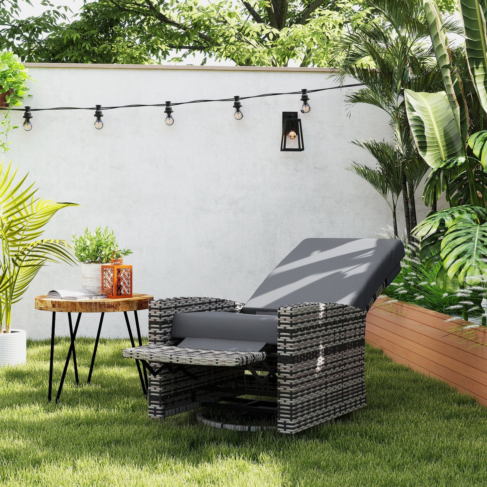 PE Rattan Outdoor Swivel Chair with 360° Swivel, Wicker Patio Chair with Footrest, Soft Cushion and Armrest for Patio, Garden, Backyard, Grey