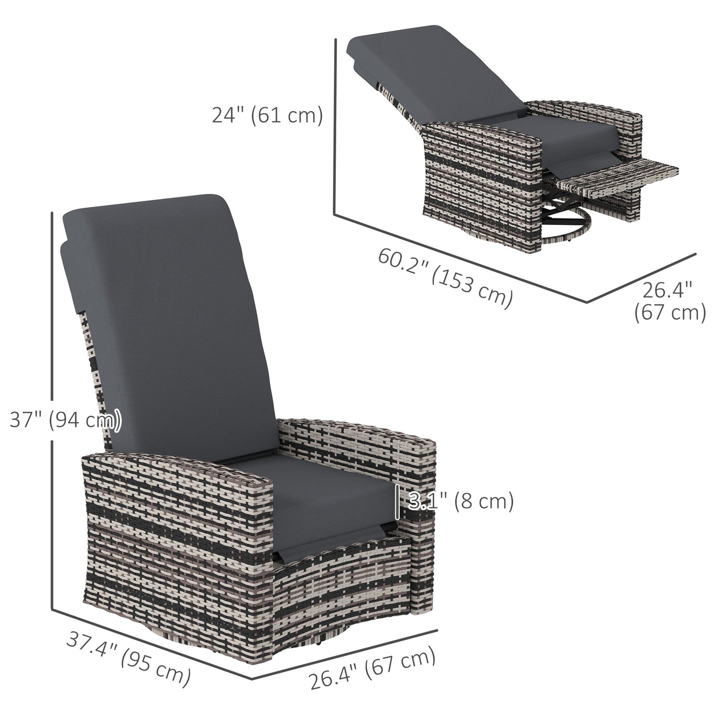 PE Rattan Outdoor Swivel Chair with 360° Swivel, Wicker Patio Chair with Footrest, Soft Cushion and Armrest for Patio, Garden, Backyard, Grey