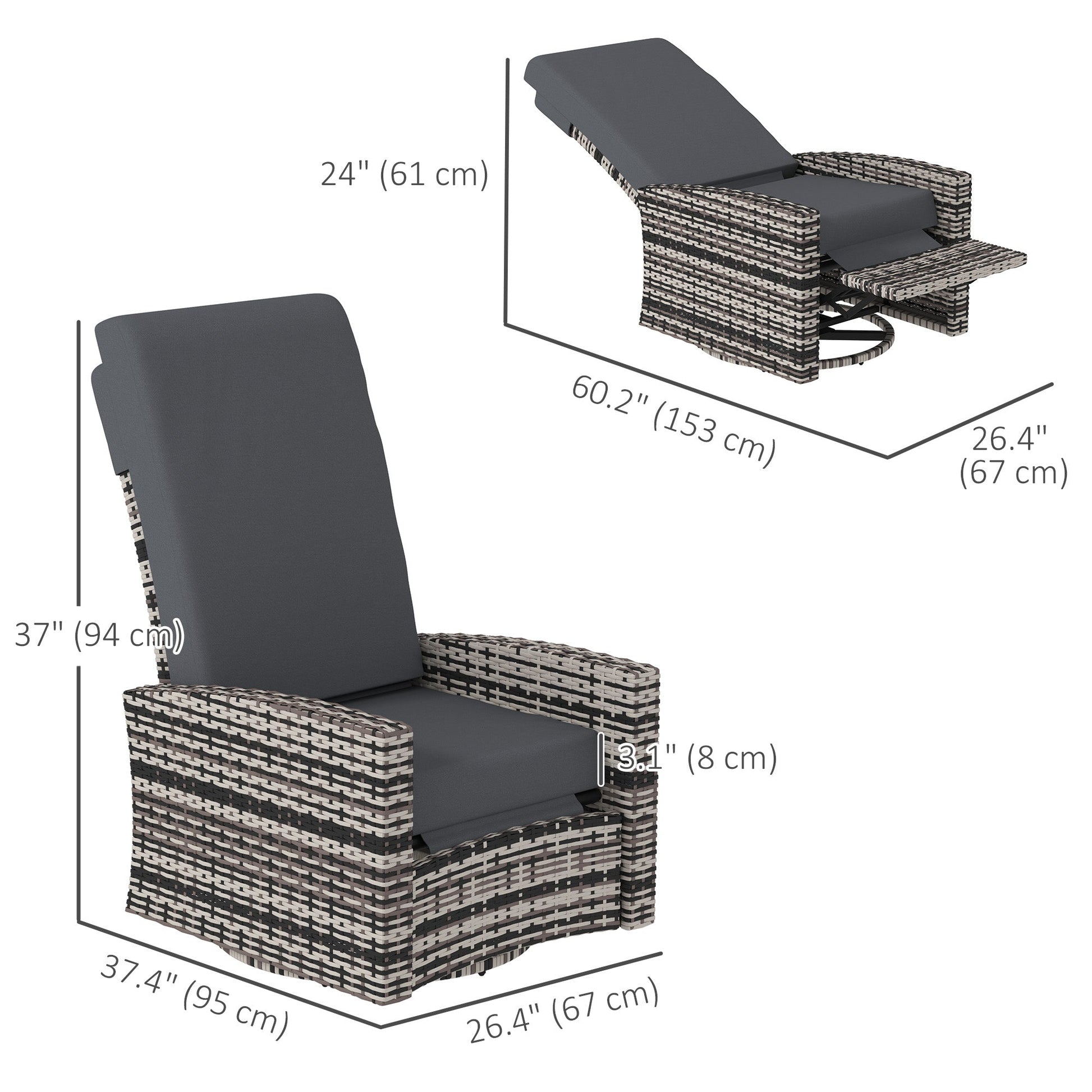 PE Rattan Outdoor Swivel Chair with 360° Swivel, Wicker Patio Chair with Footrest, Soft Cushion and Armrest for Patio, Garden, Backyard, Grey