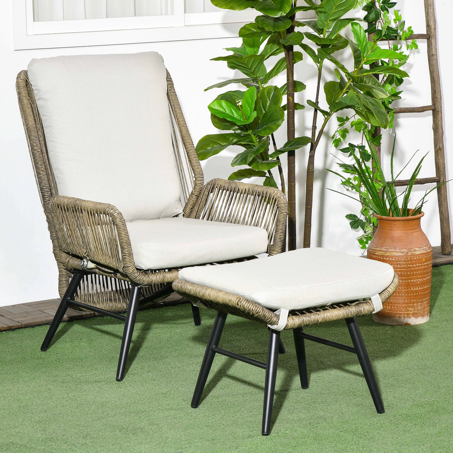 2 Pieces PE Rattan Patio Leisure Chair Set with Adjustable Backrest, Outdoor Reclining Patio Chair and Footrest with Cushion, Khaki