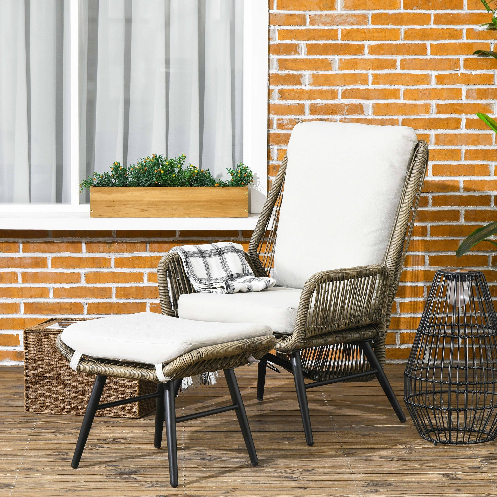 2 Pieces PE Rattan Patio Leisure Chair Set with Adjustable Backrest, Outdoor Reclining Patio Chair and Footrest with Cushion, Khaki