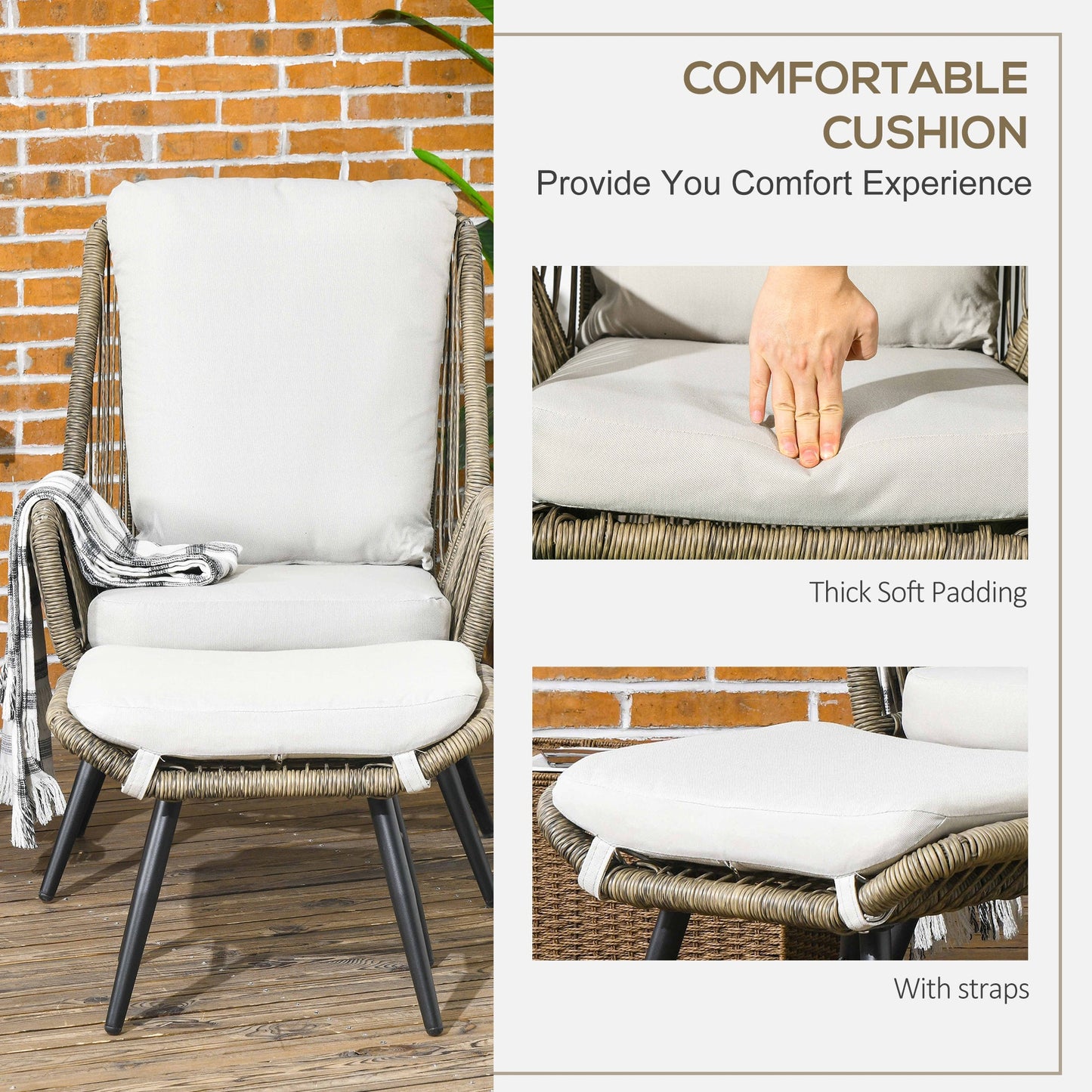 2 Pieces PE Rattan Patio Leisure Chair Set with Adjustable Backrest, Outdoor Reclining Patio Chair and Footrest with Cushion, Khaki