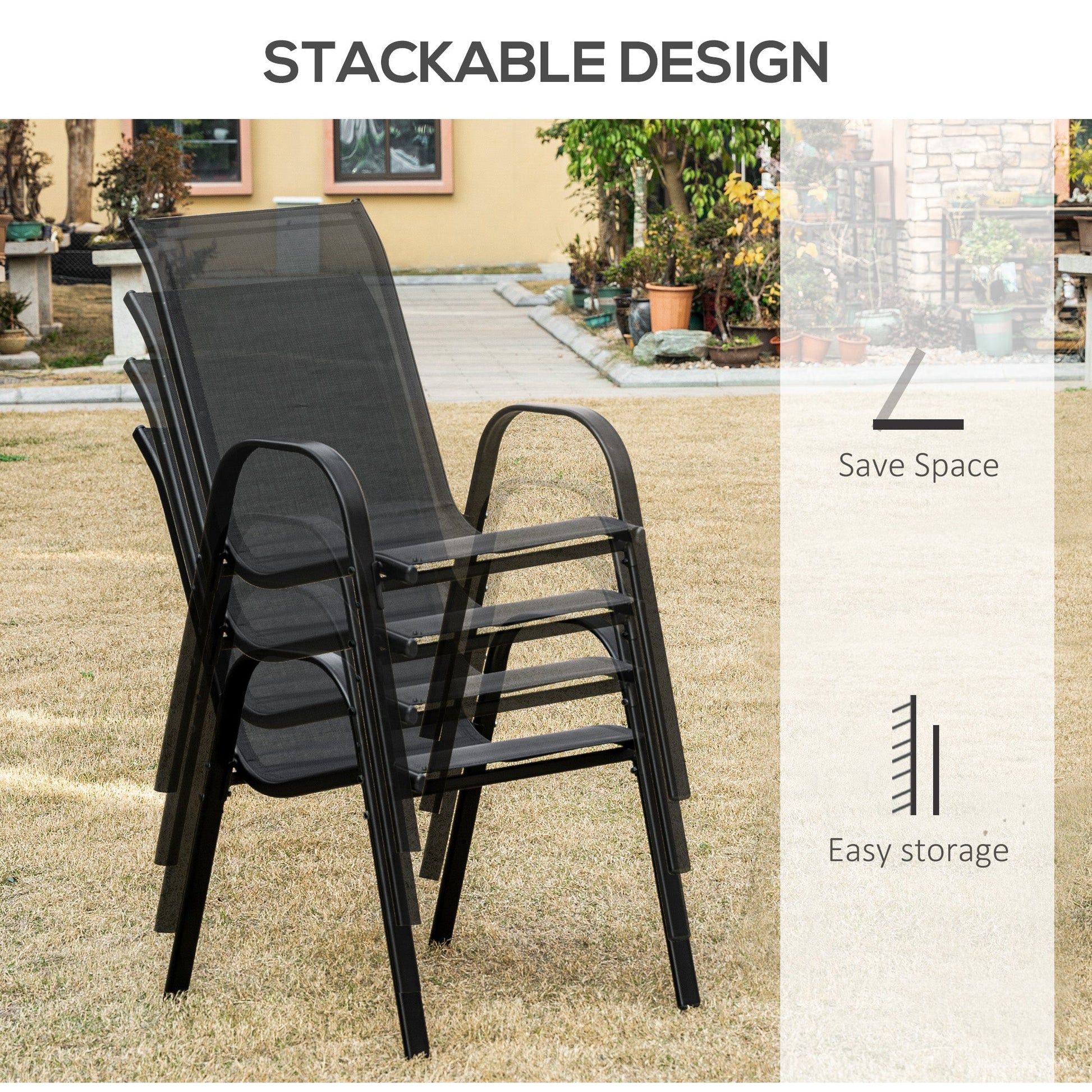 4-Piece Outdoor Dining Chairs, Stackable Patio Dining Chairs with Armrests, All Weather Breathable Fabric, Metal Frame for Porch, Deck, Yard, Garden, Lawn, Black