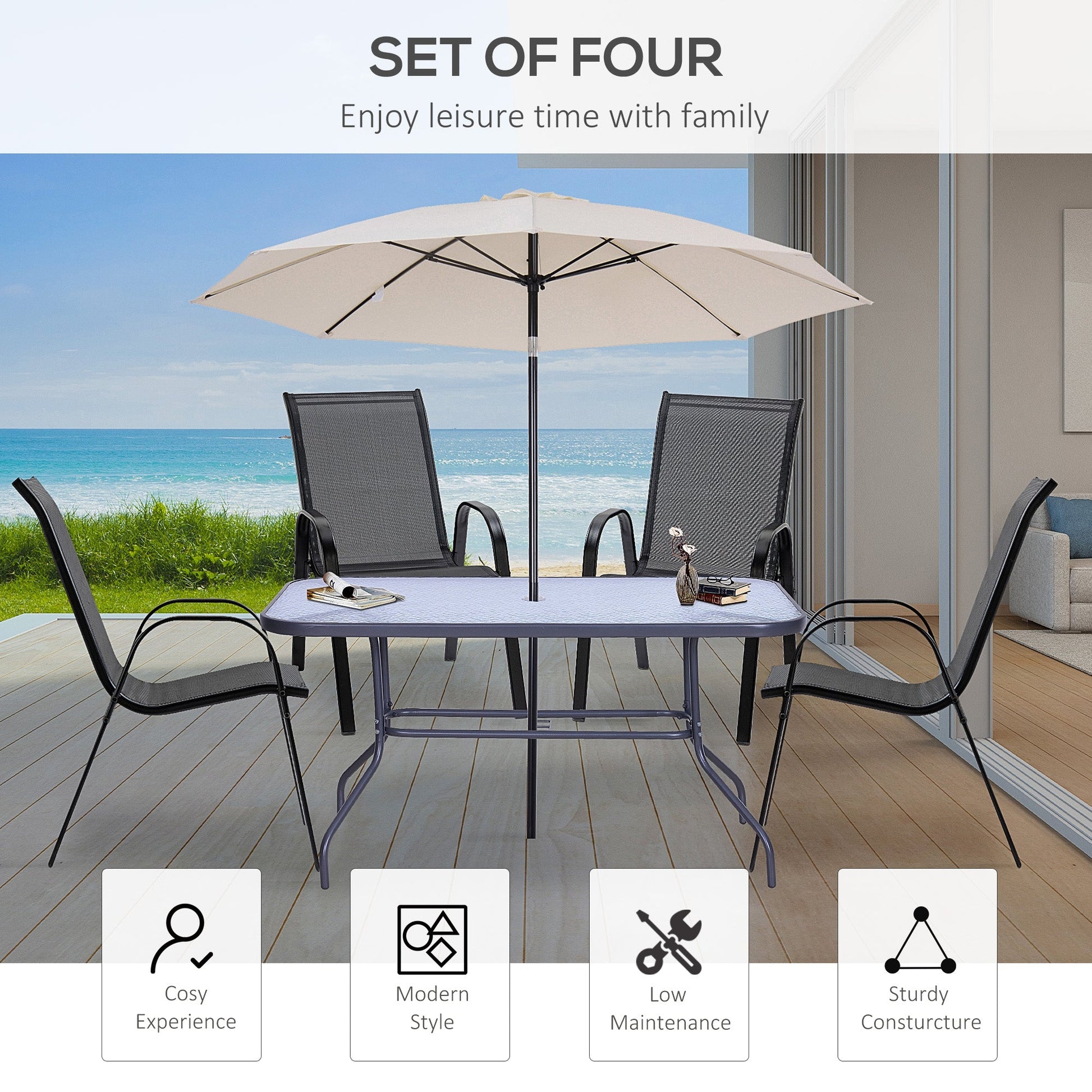 4-Piece Outdoor Dining Chairs, Stackable Patio Dining Chairs with Armrests, All Weather Breathable Fabric, Metal Frame for Porch, Deck, Yard, Garden, Lawn, Black