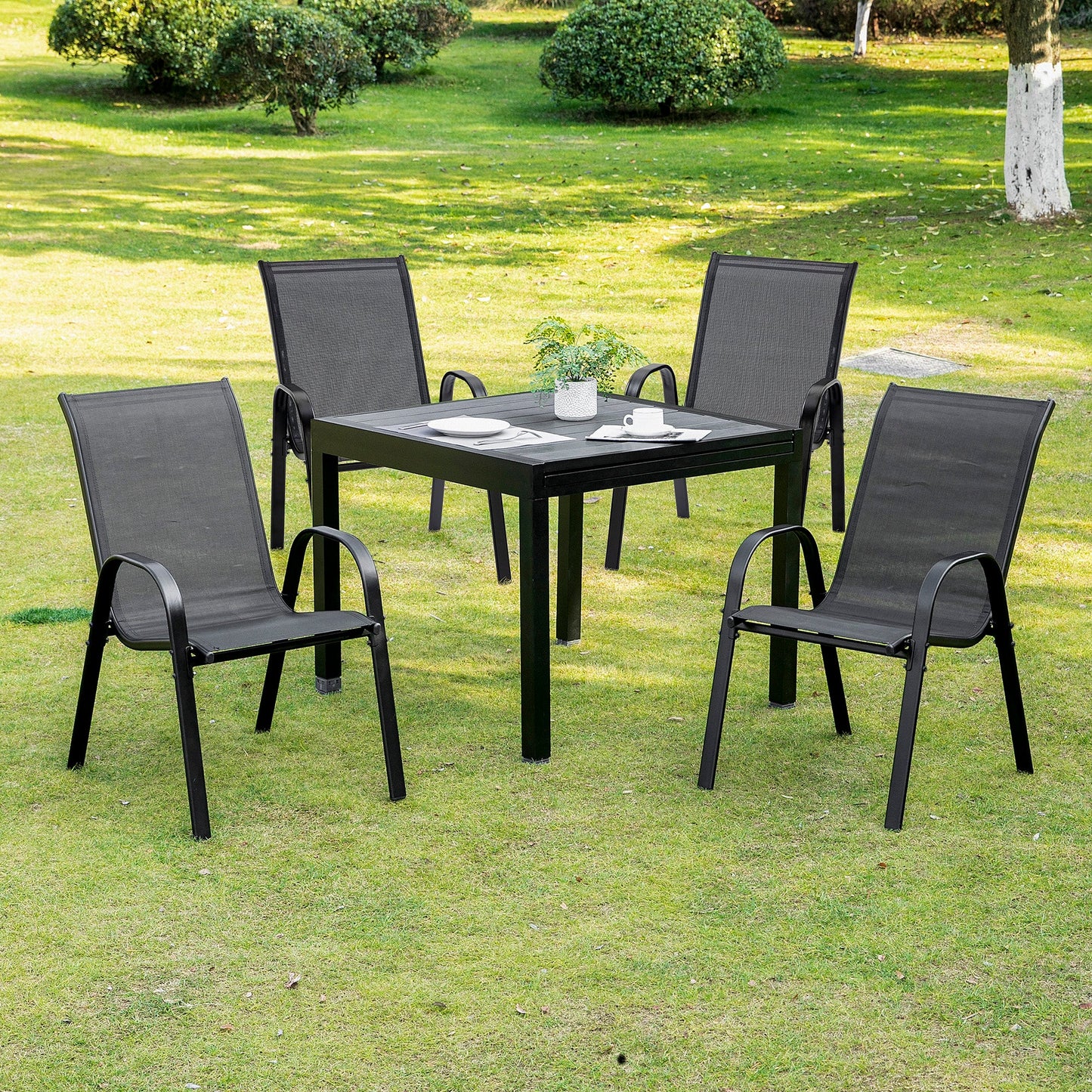 4-Piece Outdoor Dining Chairs, Stackable Patio Dining Chairs with Armrests, All Weather Breathable Fabric, Metal Frame for Porch, Deck, Yard, Garden, Lawn, Black