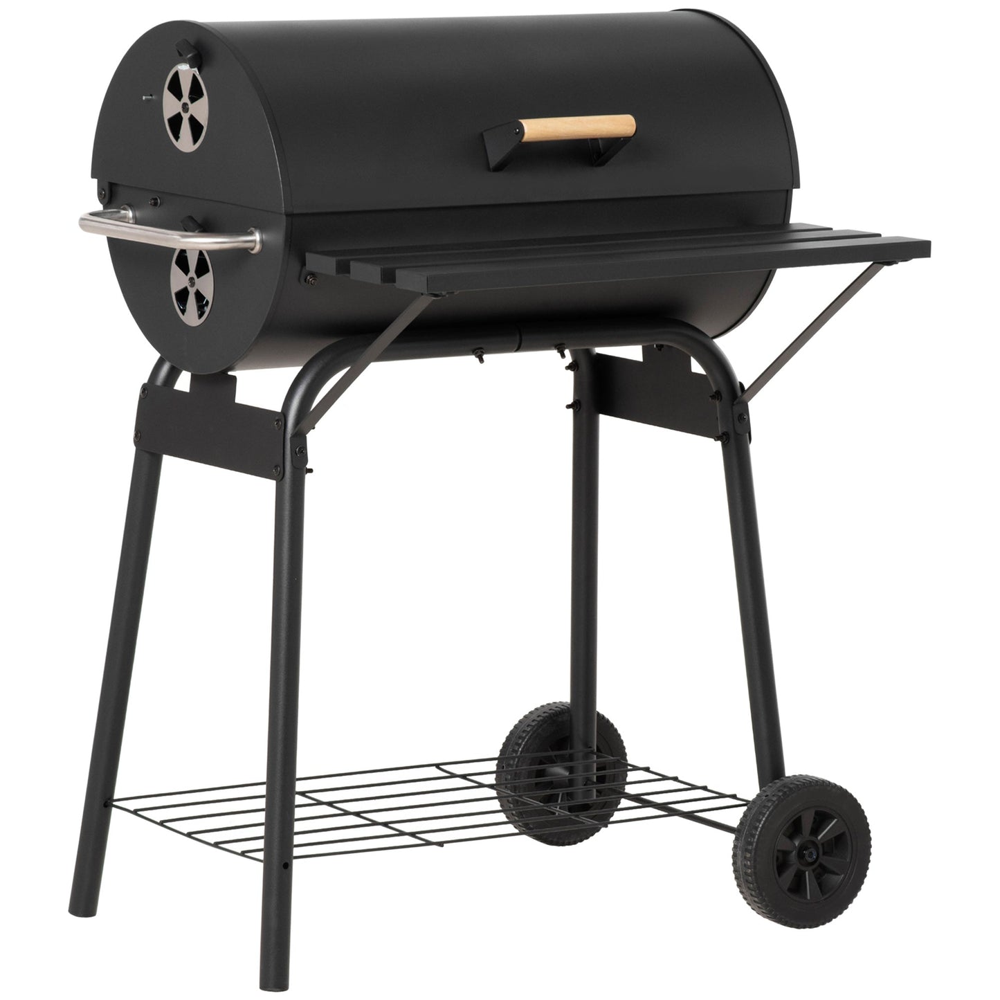 30" Portable Barrel Charcoal BBQ Grill, Steel Outdoor Barbecue Smoker with 370 Square Inches Cooking Space, Storage Shelf, Wheels for Garden Camping Picnic, Black