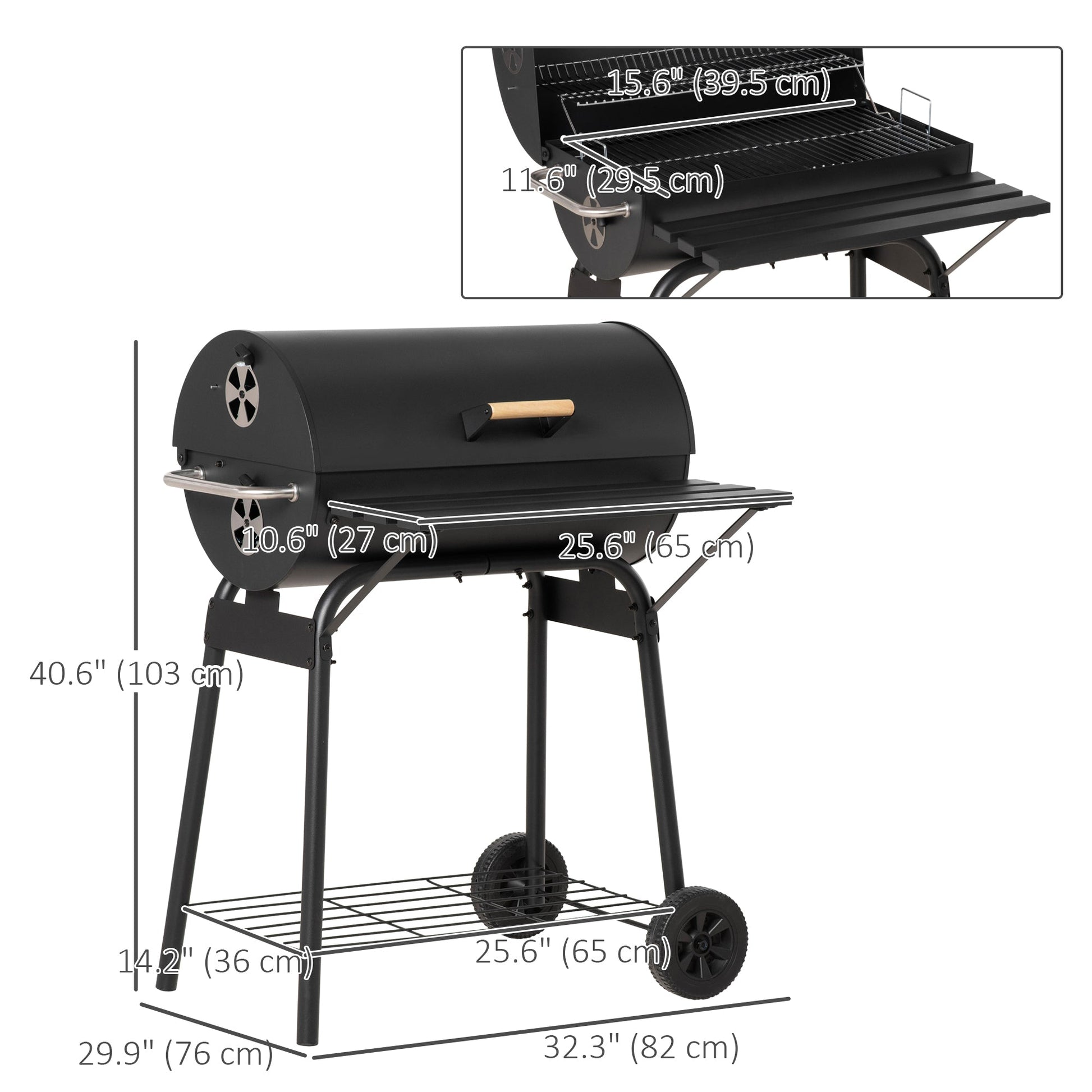 30" Portable Barrel Charcoal BBQ Grill, Steel Outdoor Barbecue Smoker with 370 Square Inches Cooking Space, Storage Shelf, Wheels for Garden Camping Picnic, Black