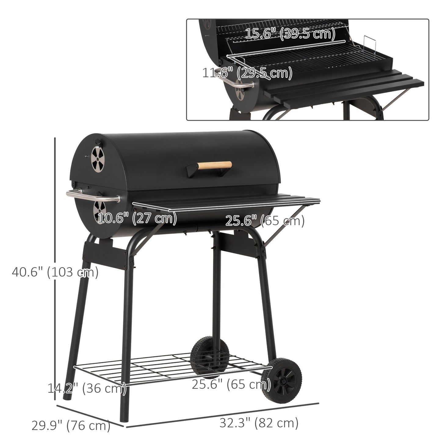 30" Portable Barrel Charcoal BBQ Grill, Steel Outdoor Barbecue Smoker with 370 Square Inches Cooking Space, Storage Shelf, Wheels for Garden Camping Picnic, Black