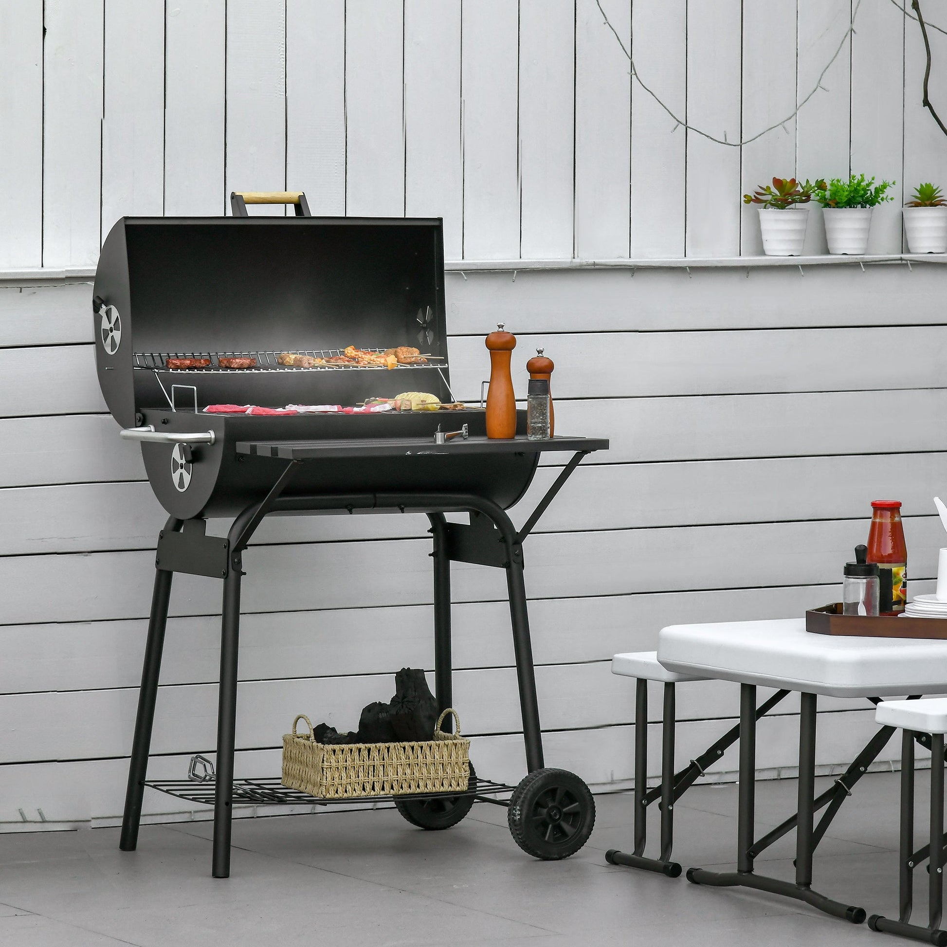 30" Portable Barrel Charcoal BBQ Grill, Steel Outdoor Barbecue Smoker with 370 Square Inches Cooking Space, Storage Shelf, Wheels for Garden Camping Picnic, Black