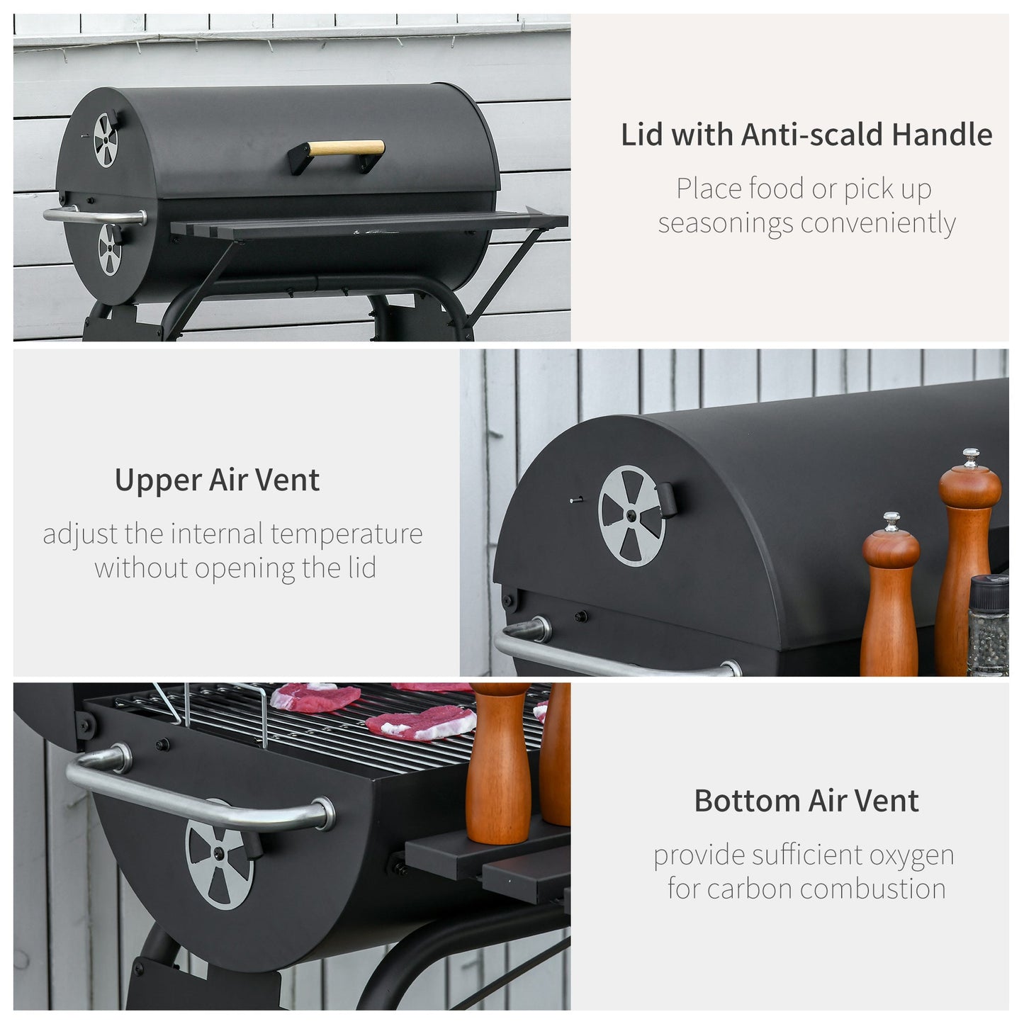 30" Portable Barrel Charcoal BBQ Grill, Steel Outdoor Barbecue Smoker with 370 Square Inches Cooking Space, Storage Shelf, Wheels for Garden Camping Picnic, Black