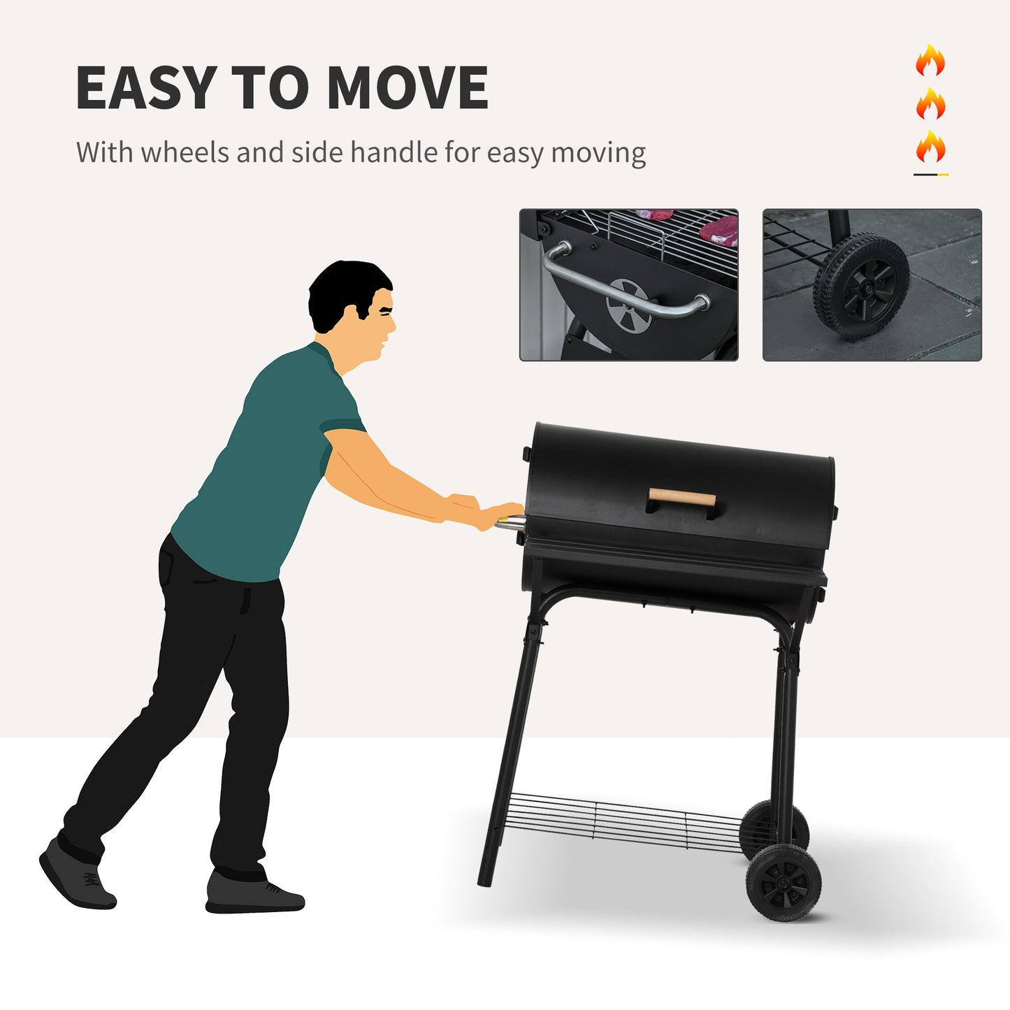 30" Portable Barrel Charcoal BBQ Grill, Steel Outdoor Barbecue Smoker with 370 Square Inches Cooking Space, Storage Shelf, Wheels for Garden Camping Picnic, Black