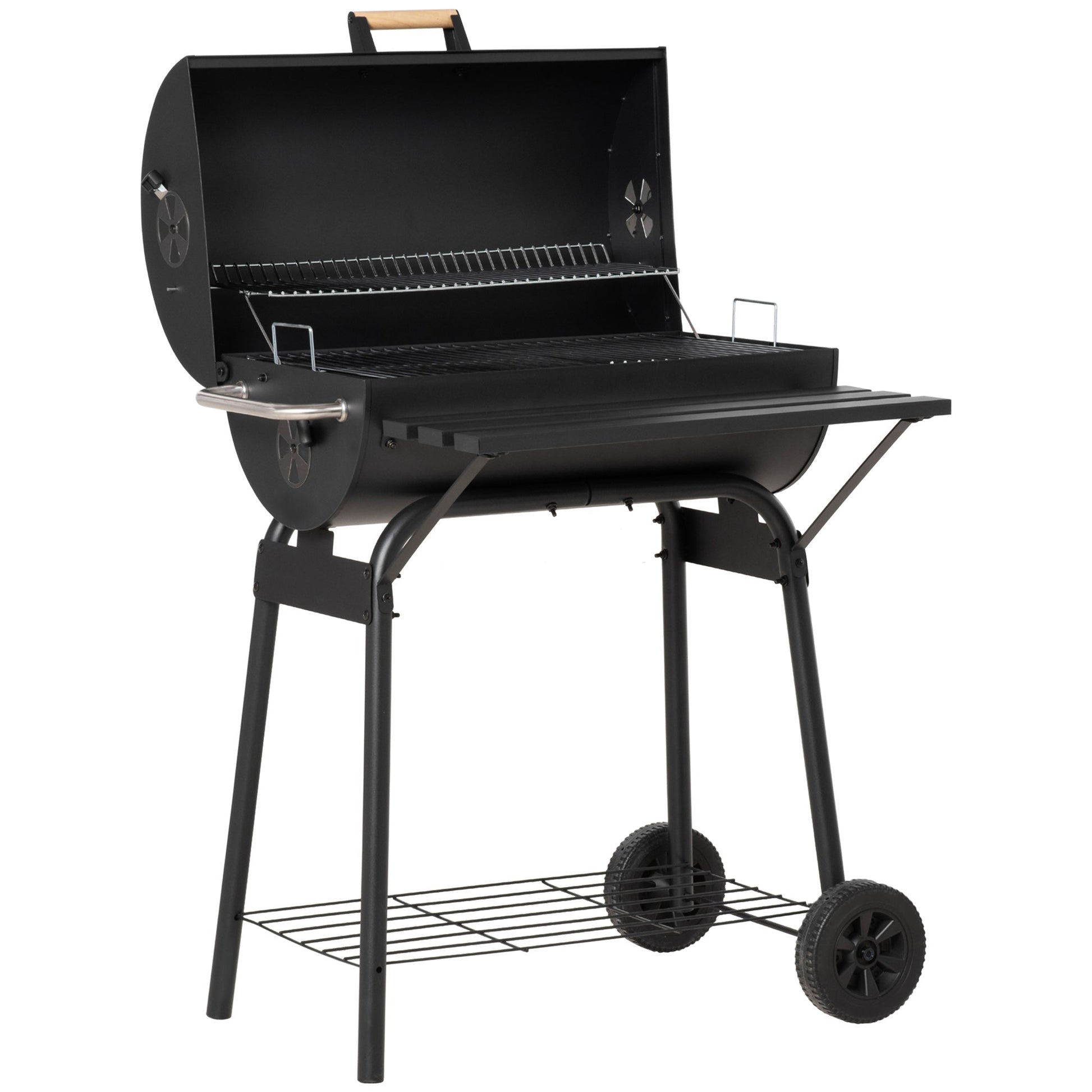 30" Portable Barrel Charcoal BBQ Grill, Steel Outdoor Barbecue Smoker with 370 Square Inches Cooking Space, Storage Shelf, Wheels for Garden Camping Picnic, Black