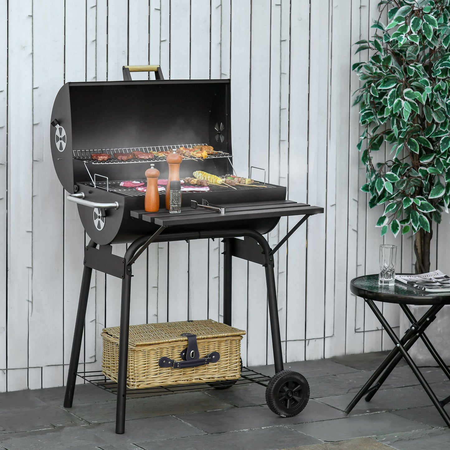 30" Portable Barrel Charcoal BBQ Grill, Steel Outdoor Barbecue Smoker with 370 Square Inches Cooking Space, Storage Shelf, Wheels for Garden Camping Picnic, Black
