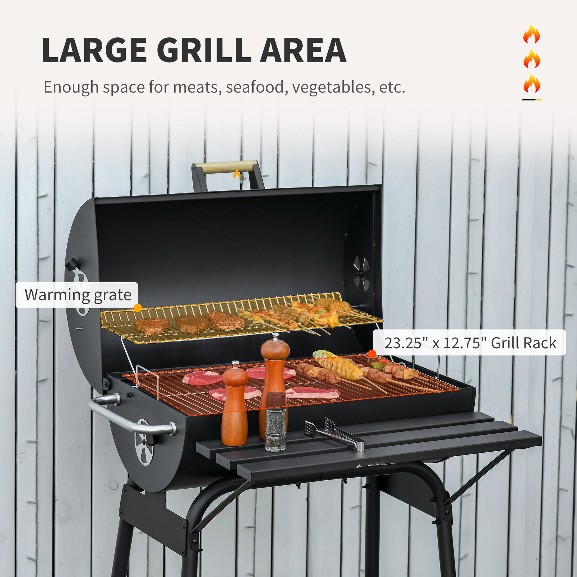 30" Portable Barrel Charcoal BBQ Grill, Steel Outdoor Barbecue Smoker with 370 Square Inches Cooking Space, Storage Shelf, Wheels for Garden Camping Picnic, Black