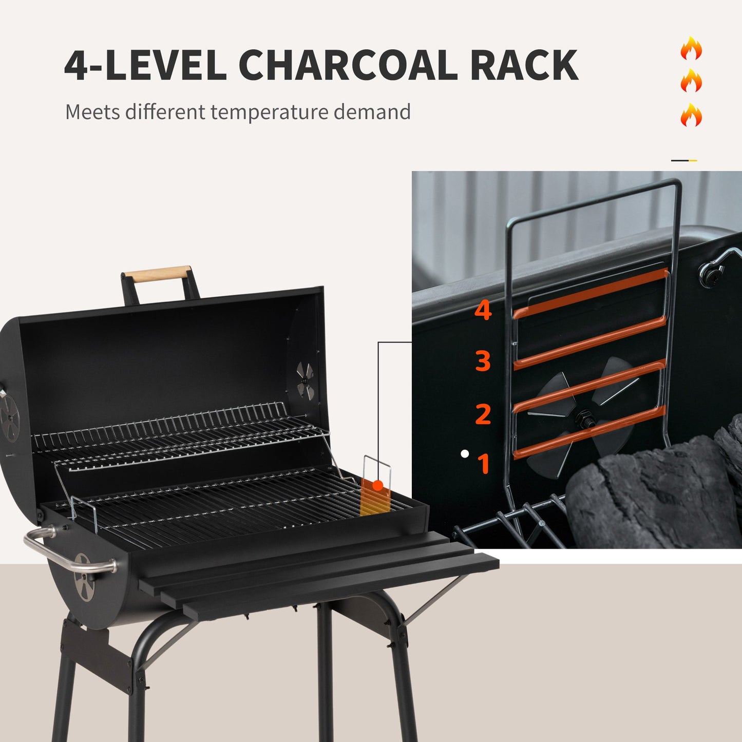 30" Portable Barrel Charcoal BBQ Grill, Steel Outdoor Barbecue Smoker with 370 Square Inches Cooking Space, Storage Shelf, Wheels for Garden Camping Picnic, Black