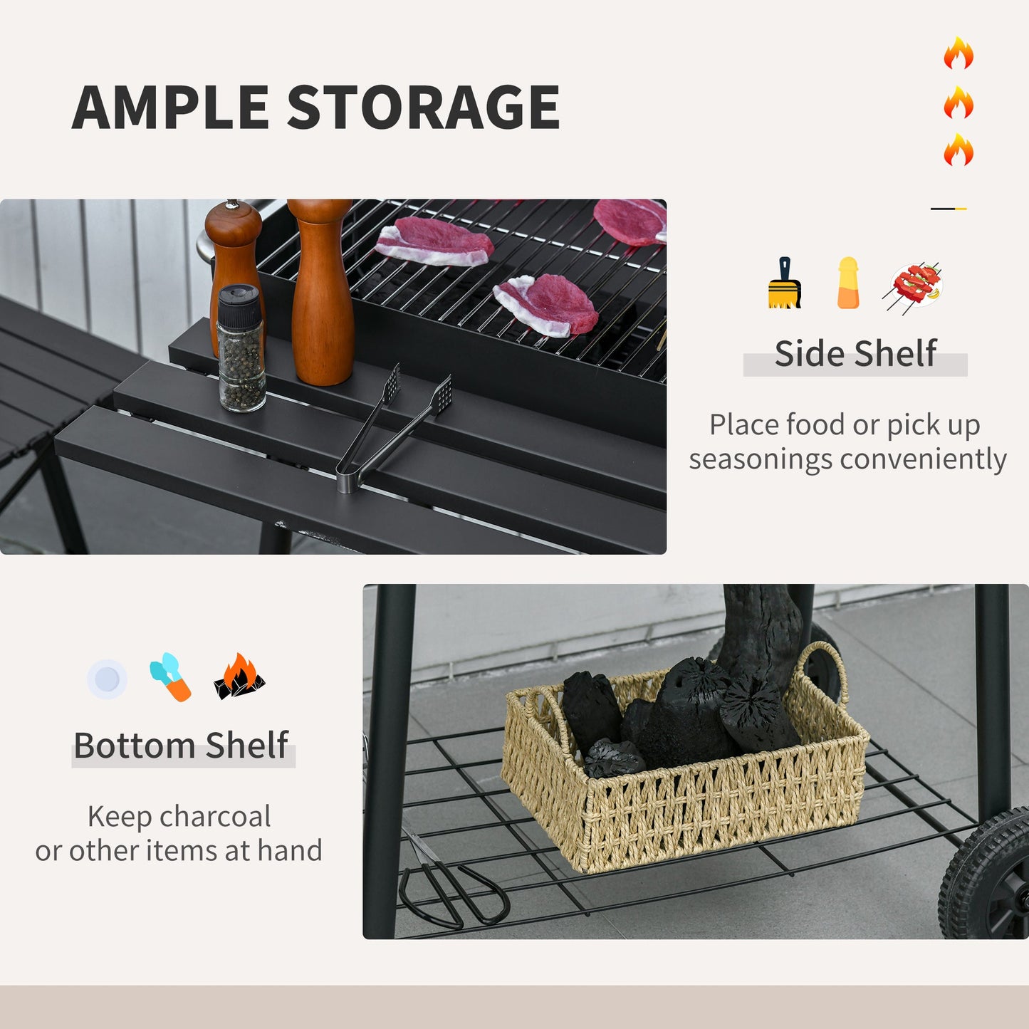 30" Portable Barrel Charcoal BBQ Grill, Steel Outdoor Barbecue Smoker with 370 Square Inches Cooking Space, Storage Shelf, Wheels for Garden Camping Picnic, Black