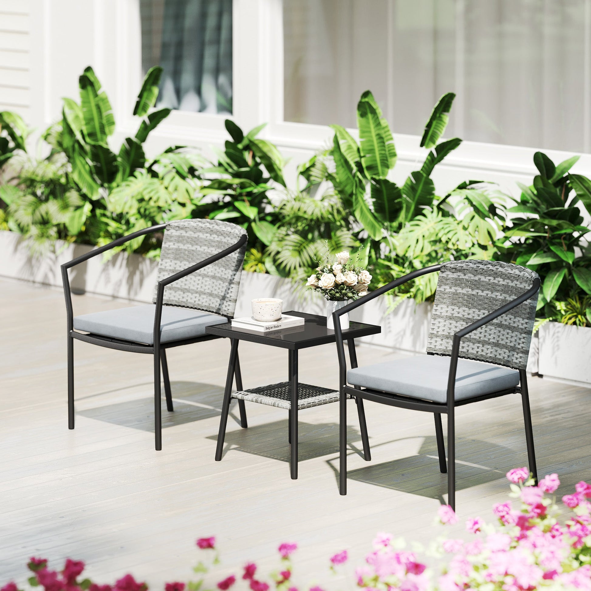 3 Piece Wicker Patio Furniture Set, PE Rattan Bistro Set with Armchairs, 2-Tier Glass-Top Table, Cushions, Outdoor Conversation Furniture for Porch, Balcony, Dark Grey