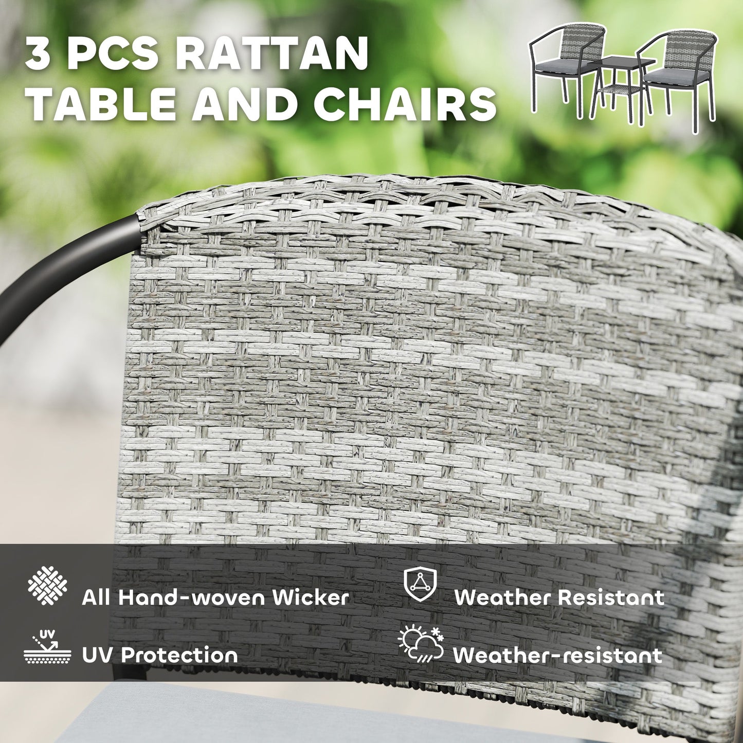 3 Piece Wicker Patio Furniture Set, PE Rattan Bistro Set with Armchairs, 2-Tier Glass-Top Table, Cushions, Outdoor Conversation Furniture for Porch, Balcony, Dark Grey