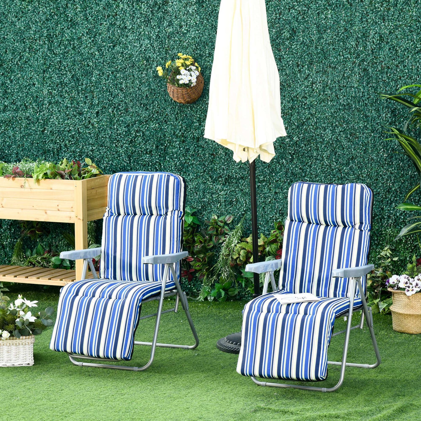 Set of 2 Garden Sun Lounger, Outdoor Reclining Seat Cushioned Seat, Foldable Adjustable Recliner, Grey and Blue