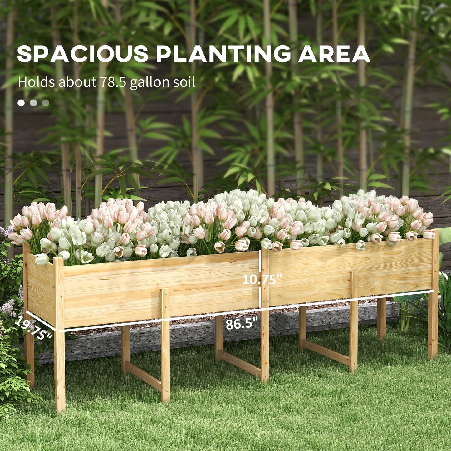 Wooden Raised Garden Bed Planter with Bed Liner and Drain Holes, Large Elevated Planter Box with Legs for Vegetables Flowers Herbs, Outdoor and Indoor, 7.4' x 1.8' x 2.6'