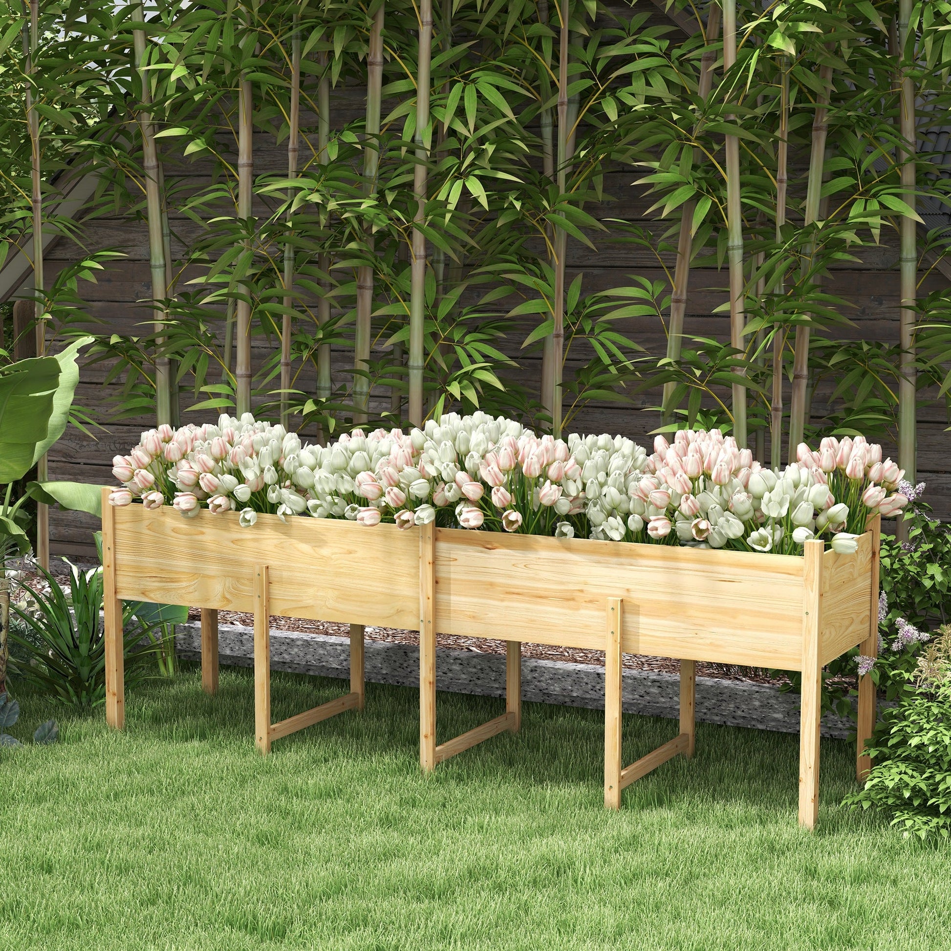 Wooden Raised Garden Bed Planter with Bed Liner and Drain Holes, Large Elevated Planter Box with Legs for Vegetables Flowers Herbs, Outdoor and Indoor, 7.4' x 1.8' x 2.6'