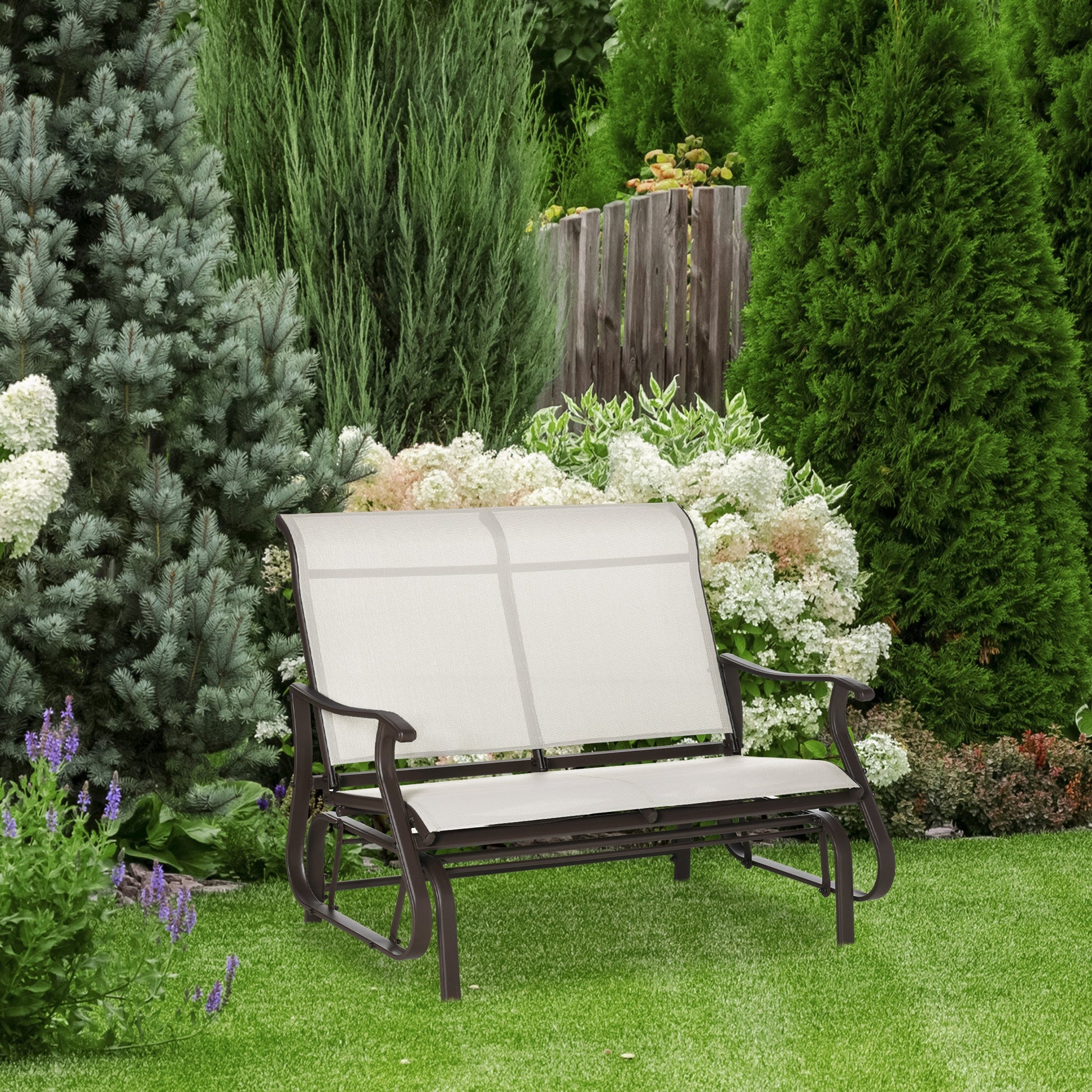 2-Person Outdoor Glider Chair, Patio Glider Rocking Chair with Mesh Seat and Backrest, Steel Frame for Outdoor, Backyard, Cream White