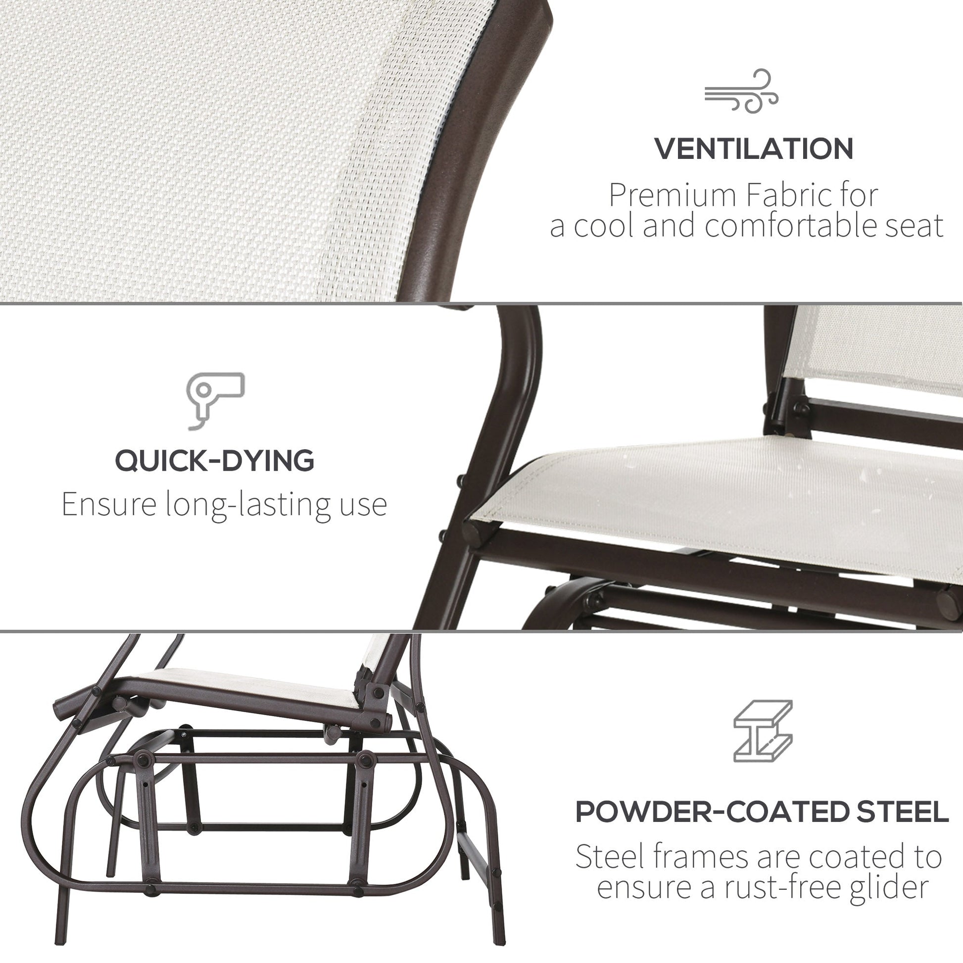 2-Person Outdoor Glider Chair, Patio Glider Rocking Chair with Mesh Seat and Backrest, Steel Frame for Outdoor, Backyard, Cream White