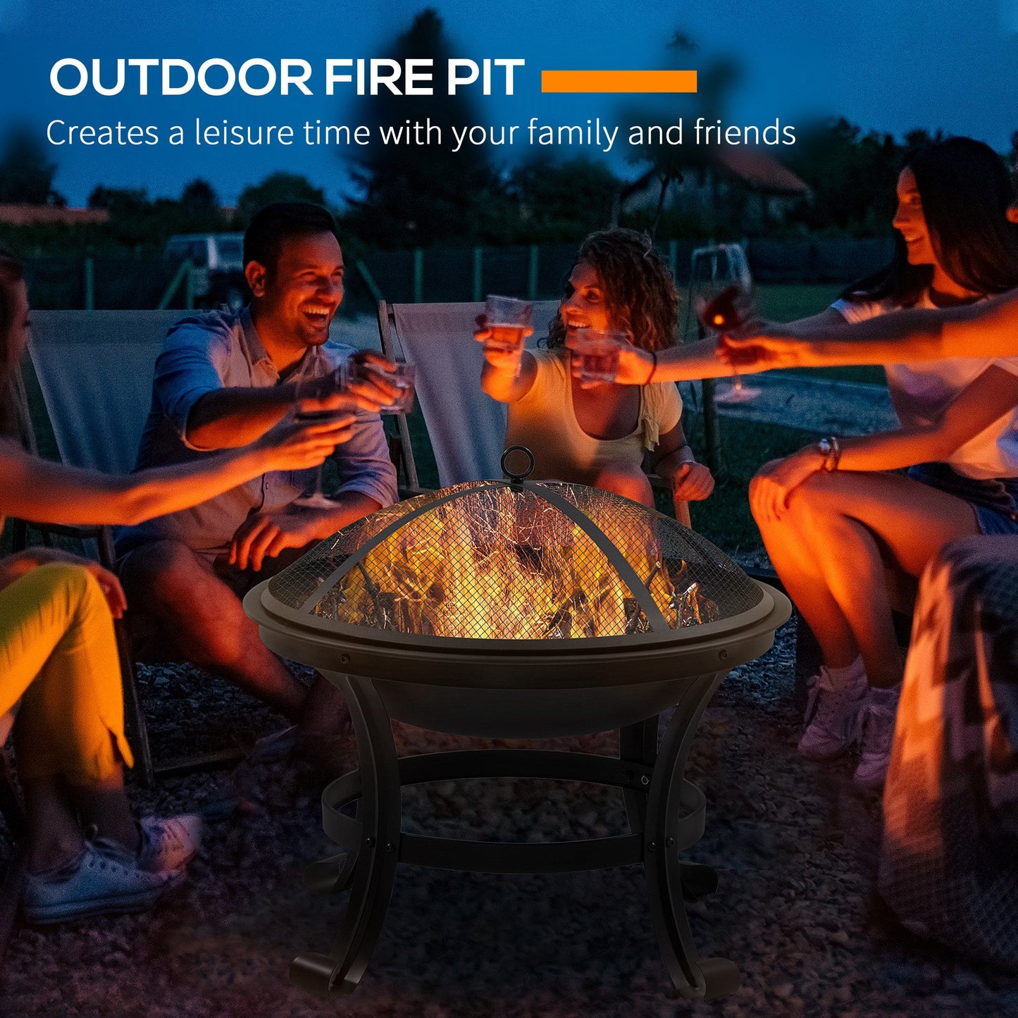 21.7" x 21.7" x 19.7" Outdoor Fire Pit with Mesh Lid, Wood Burner, Log Burning Bowl with Poker for Patio, Backyard, Black