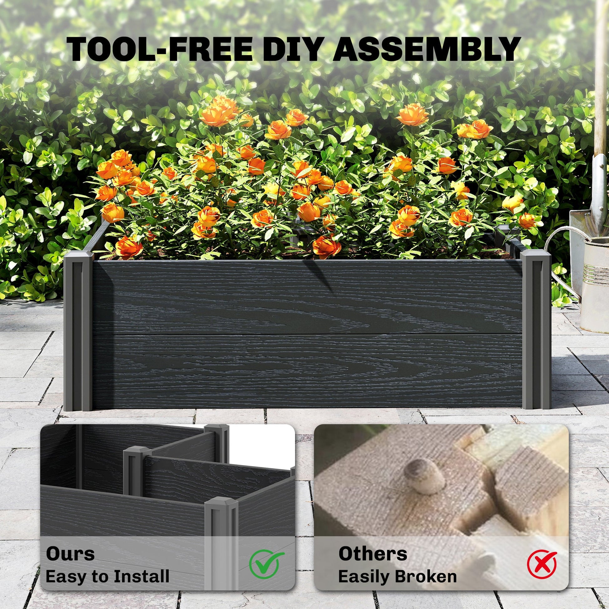 Vinyl Raised Garden Bed Kit, 3 x 3 x 1ft Elevated Garden Box with Open Bottom, Screwless Outdoor Planter Box for Flowers Herbs Vegetables, DIY Assembly, Grey Wood Effect
