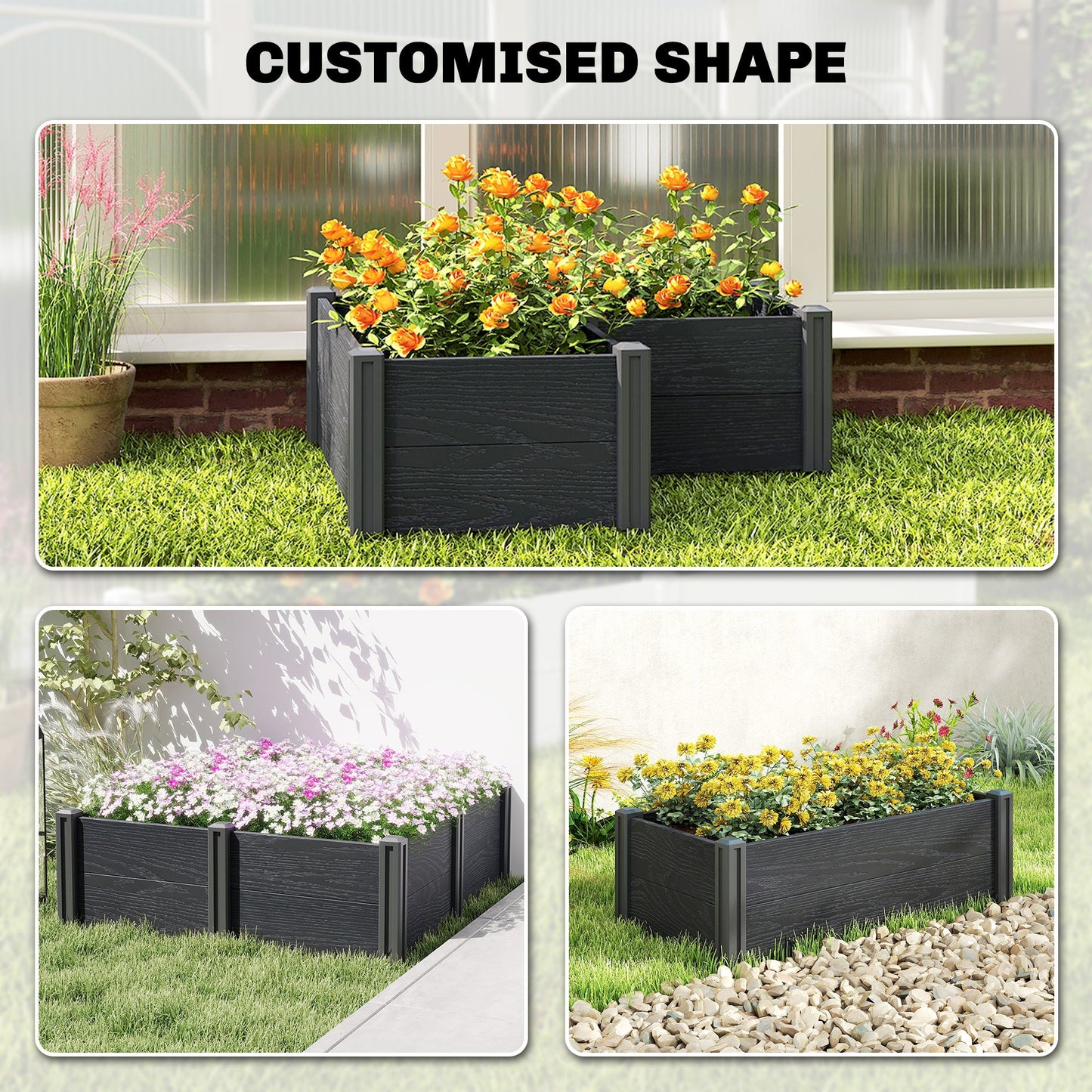 Vinyl Raised Garden Bed Kit, 3 x 3 x 1ft Elevated Garden Box with Open Bottom, Screwless Outdoor Planter Box for Flowers Herbs Vegetables, DIY Assembly, Grey Wood Effect