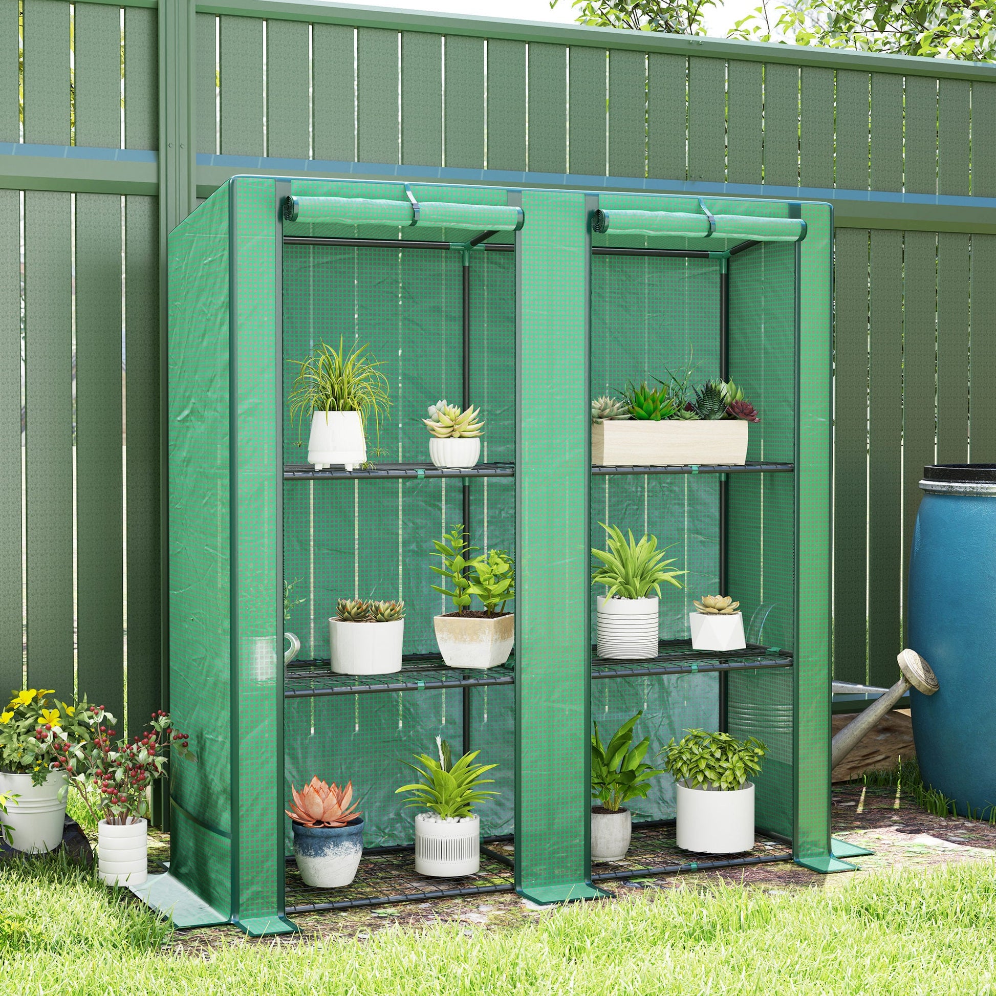 Lean-to Mini Greenhouse with 3 Tier Shelves, Portable Garden Hot House with 2 Roll-Up Doors for Indoor Outdoor, 56.7"x18.9"x59.8", Green