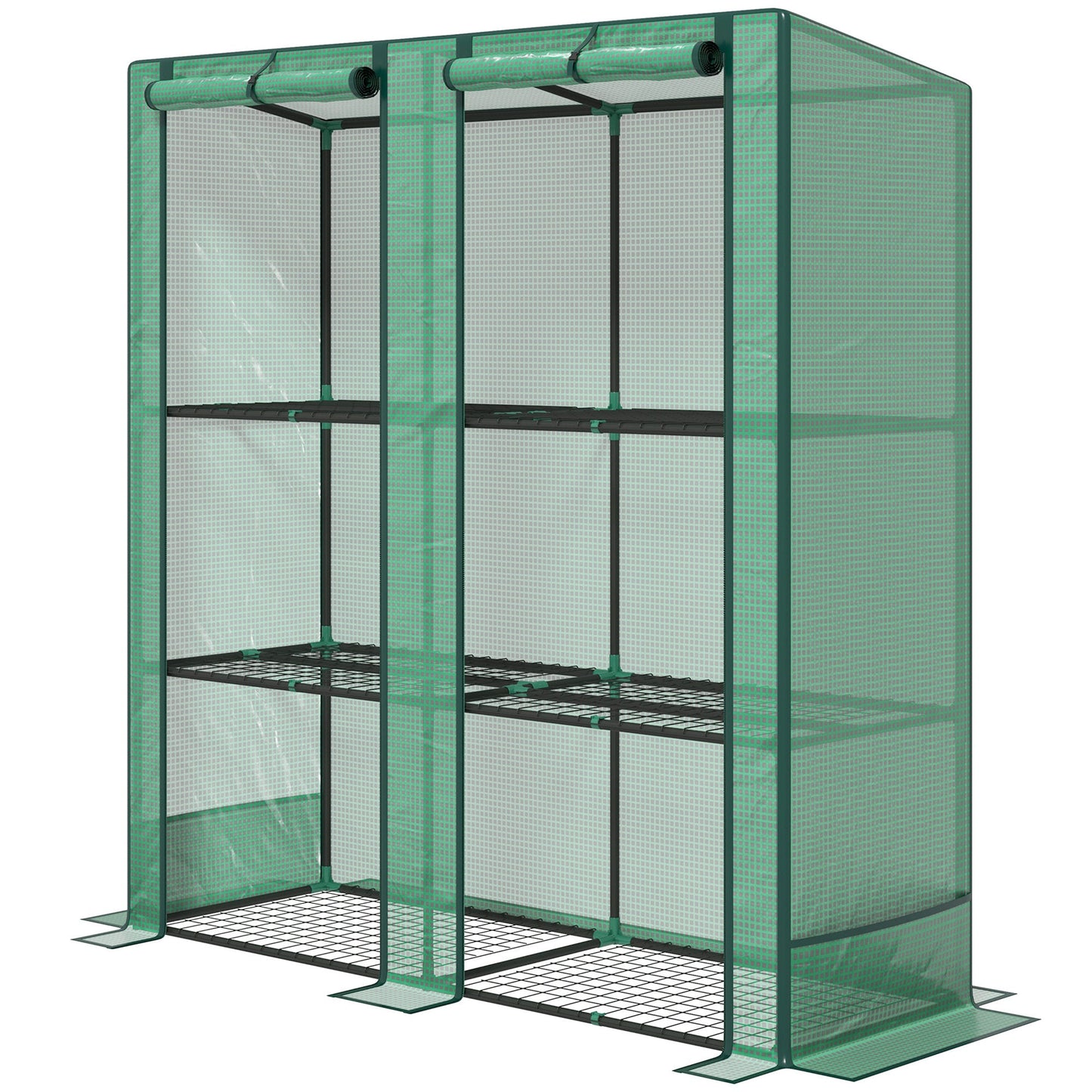 Lean-to Mini Greenhouse with 3 Tier Shelves, Portable Garden Hot House with 2 Roll-Up Doors for Indoor Outdoor, 56.7"x18.9"x59.8", Green