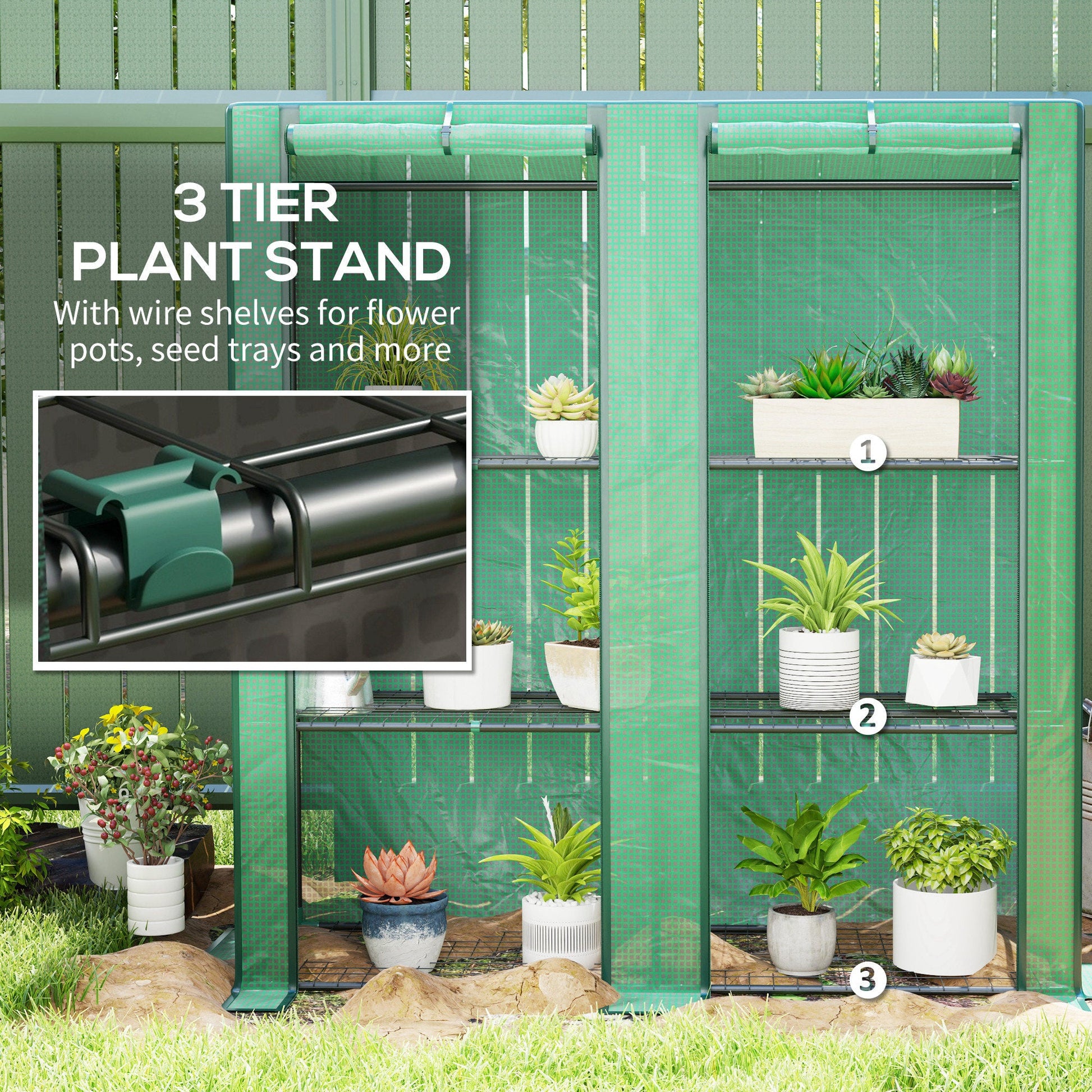 Lean-to Mini Greenhouse with 3 Tier Shelves, Portable Garden Hot House with 2 Roll-Up Doors for Indoor Outdoor, 56.7"x18.9"x59.8", Green