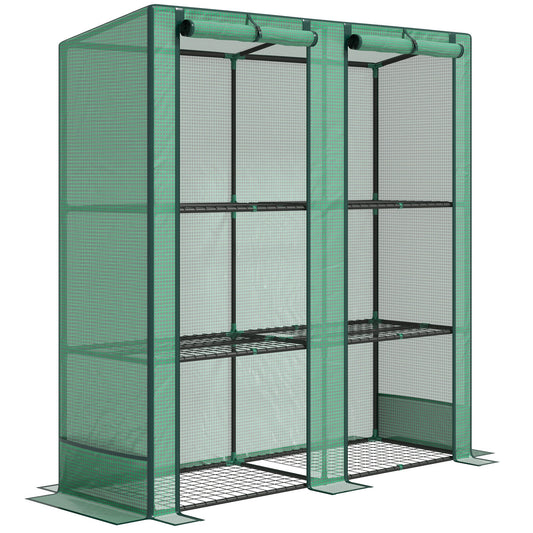 Lean-to Mini Greenhouse with 3 Tier Shelves, Portable Garden Hot House with 2 Roll-Up Doors for Indoor Outdoor, 56.7"x18.9"x59.8", Green