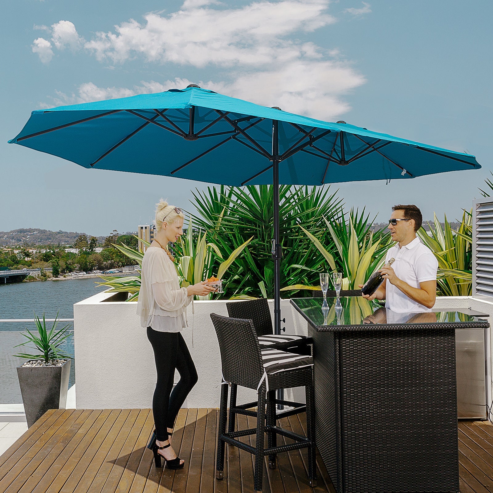 15ft Double-sided Patio Umbrella with Twin Canopy, Extra Large Outdoor Parasol with Crank for Pool, Deck, Market, Sky Blue