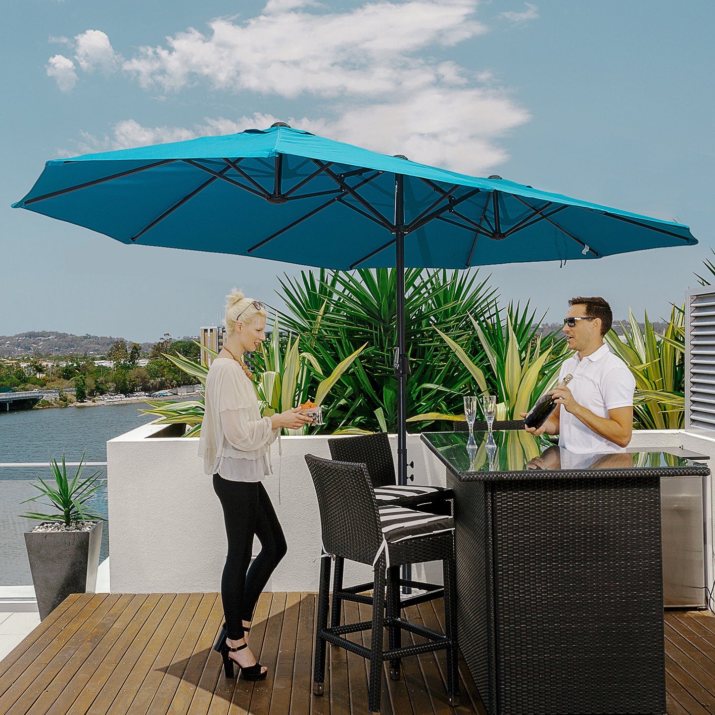 15ft Double-sided Patio Umbrella with Twin Canopy, Extra Large Outdoor Parasol with Crank for Pool, Deck, Market, Sky Blue