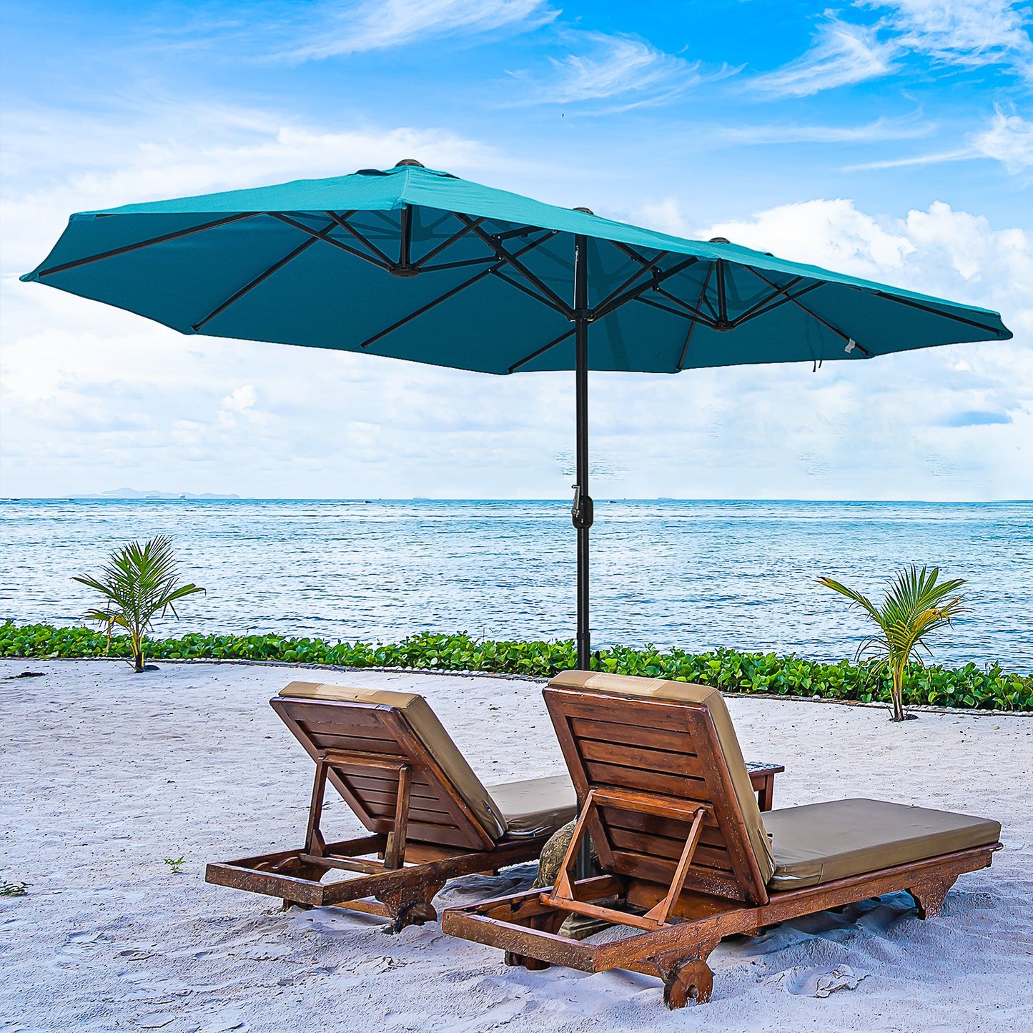 15ft Double-sided Patio Umbrella with Twin Canopy, Extra Large Outdoor Parasol with Crank for Pool, Deck, Market, Sky Blue